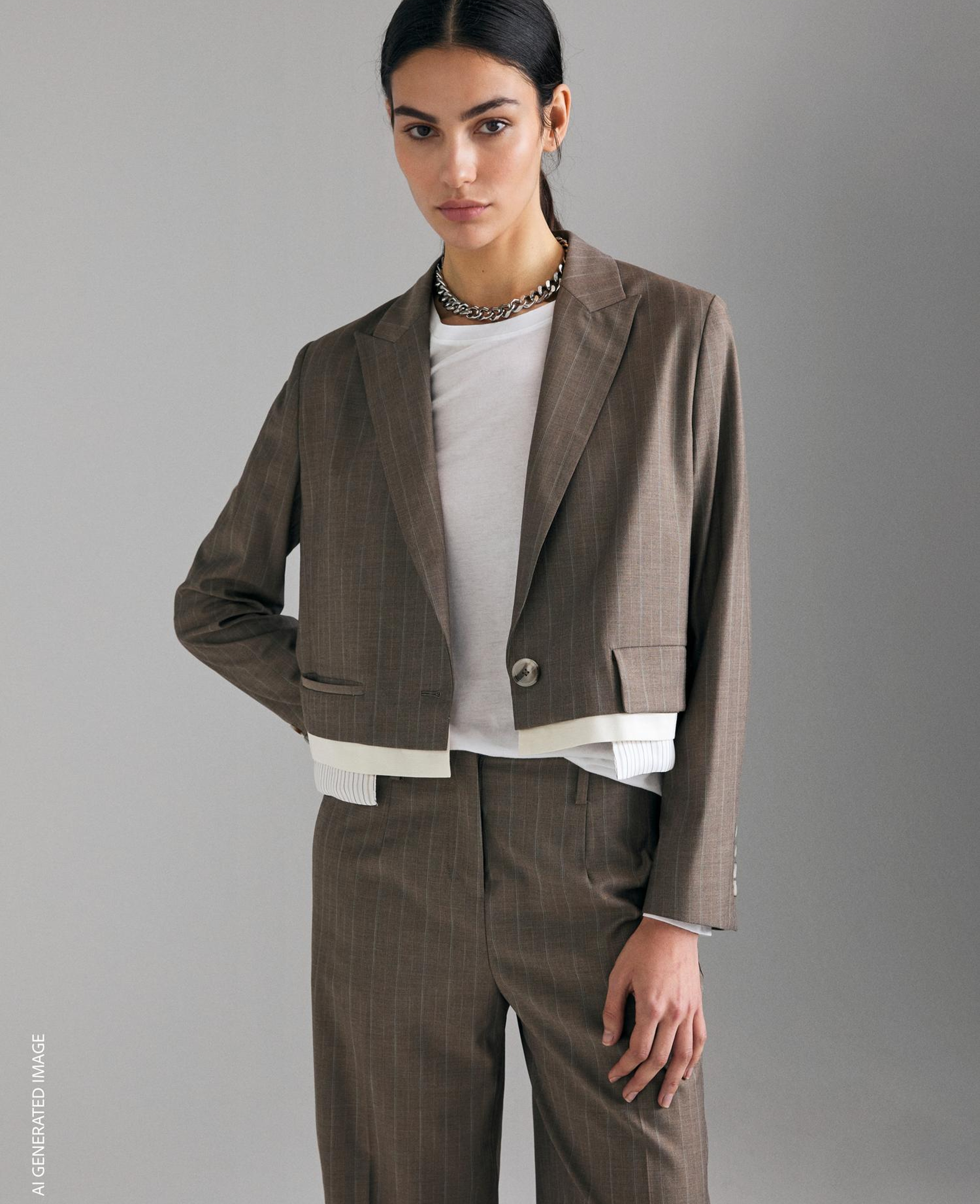 Kadın Taba Viskoz Karışımlı Tek Düğmeli Çizgili Astarlı Kısa Blazer
