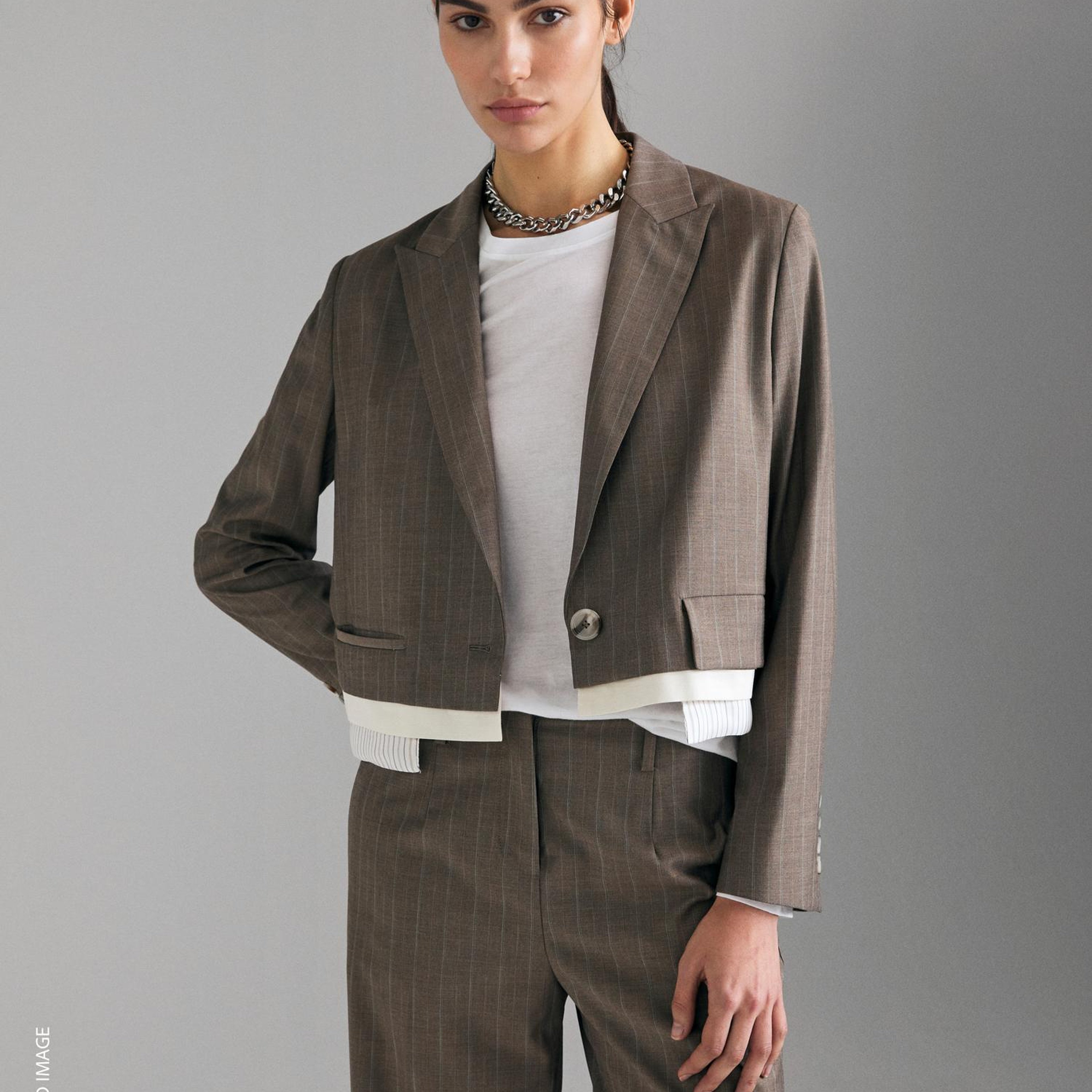 Kadın Taba Viskoz Karışımlı Tek Düğmeli Çizgili Astarlı Kısa Blazer
