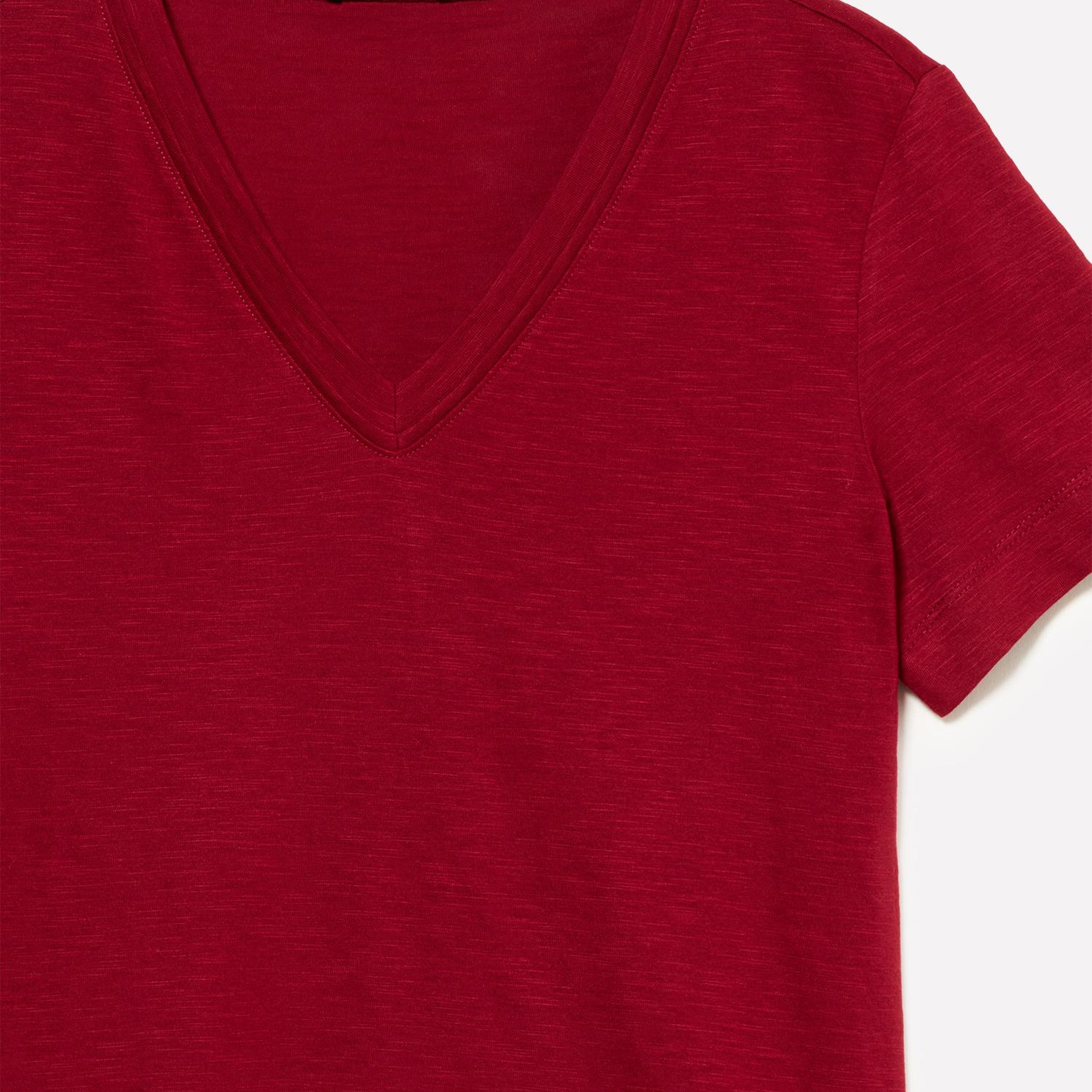 Kadın Bordo Pamuk ve Modal Karışımlı V Yaka T-Shirt
