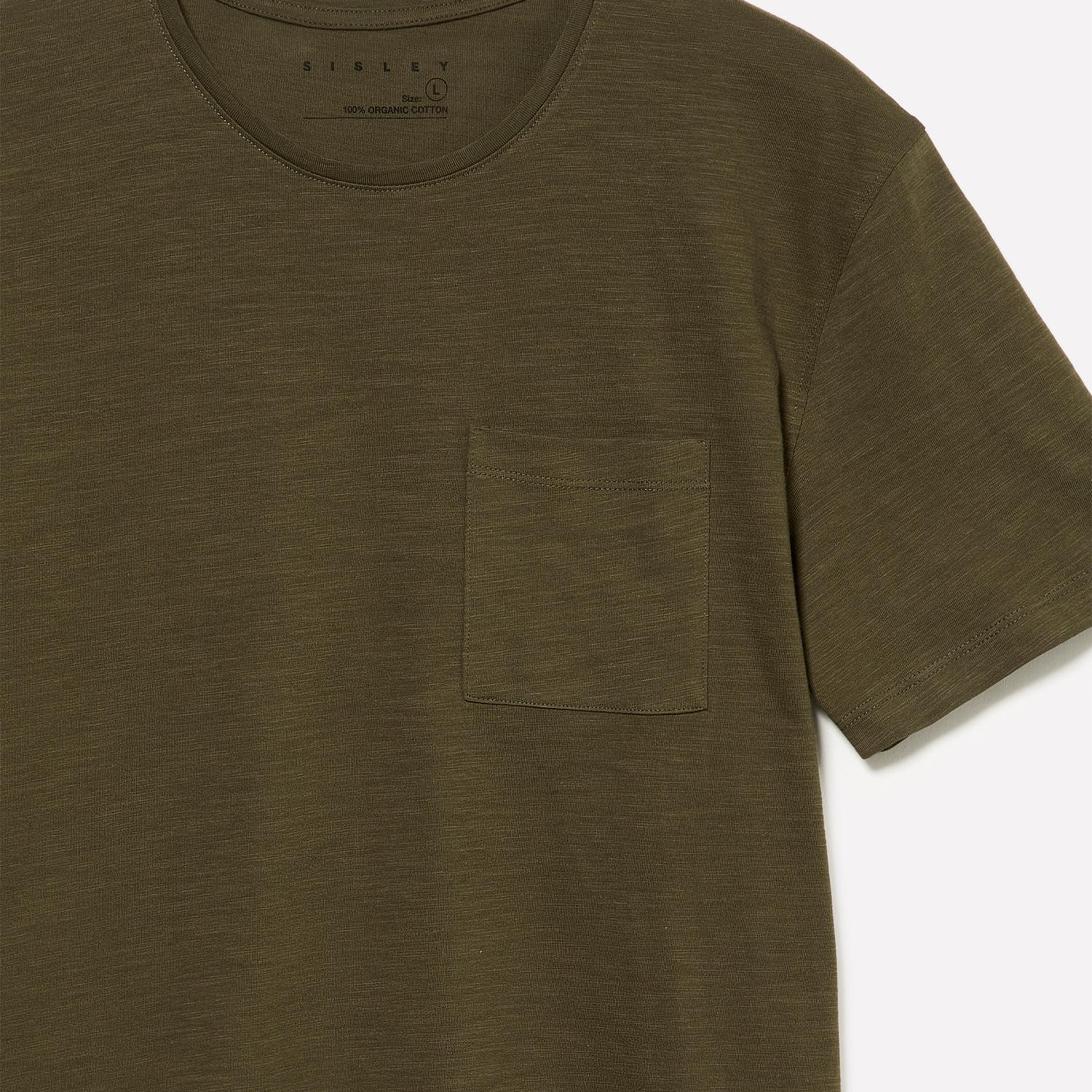 Erkek Haki  %100 Pamuk Kısa Kollu Cepli Bisiklet Yaka T-Shirt