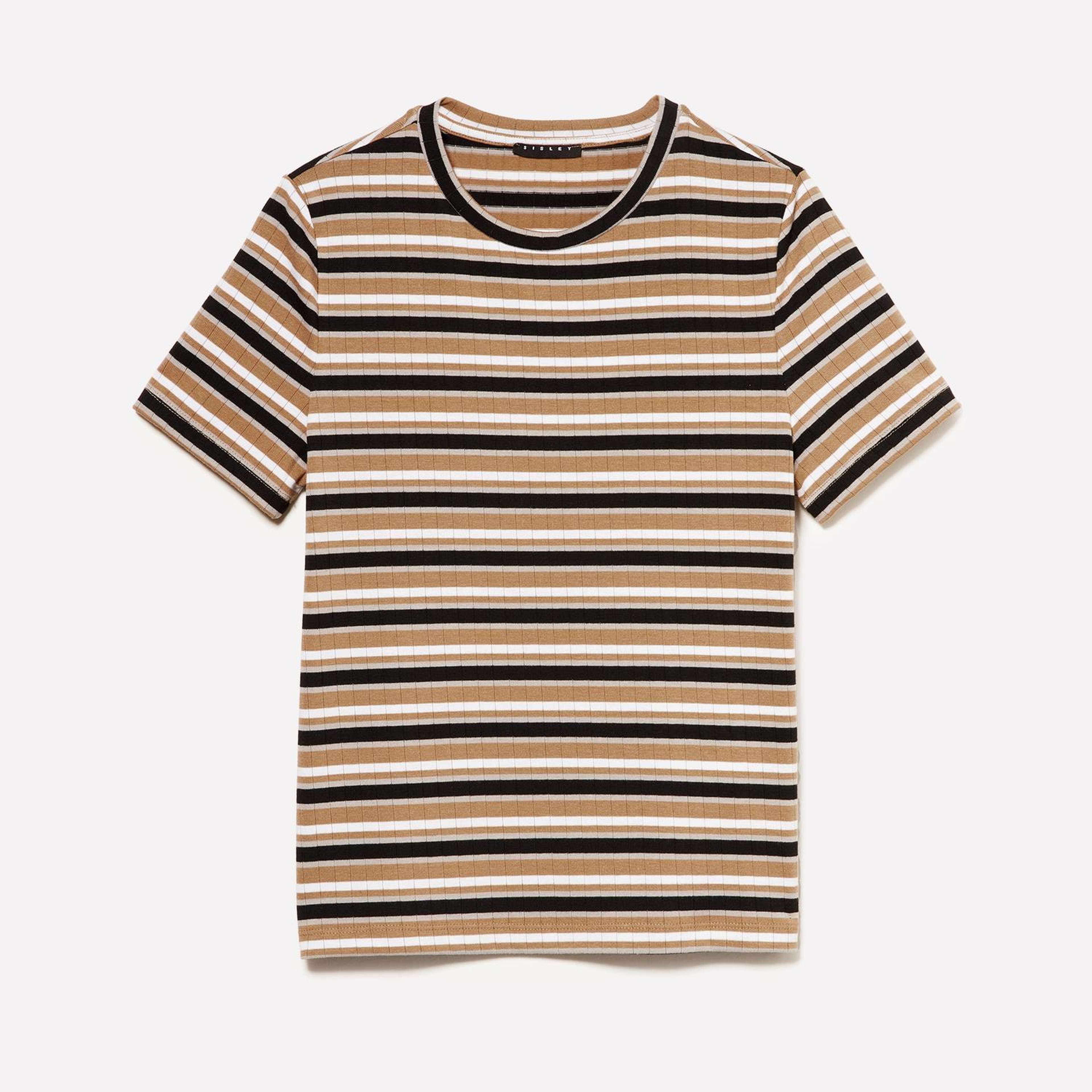 Kadın Bej Mix Viskoz Karışımlı Yatay Çizgili Bisiklet Yaka T-Shirt
