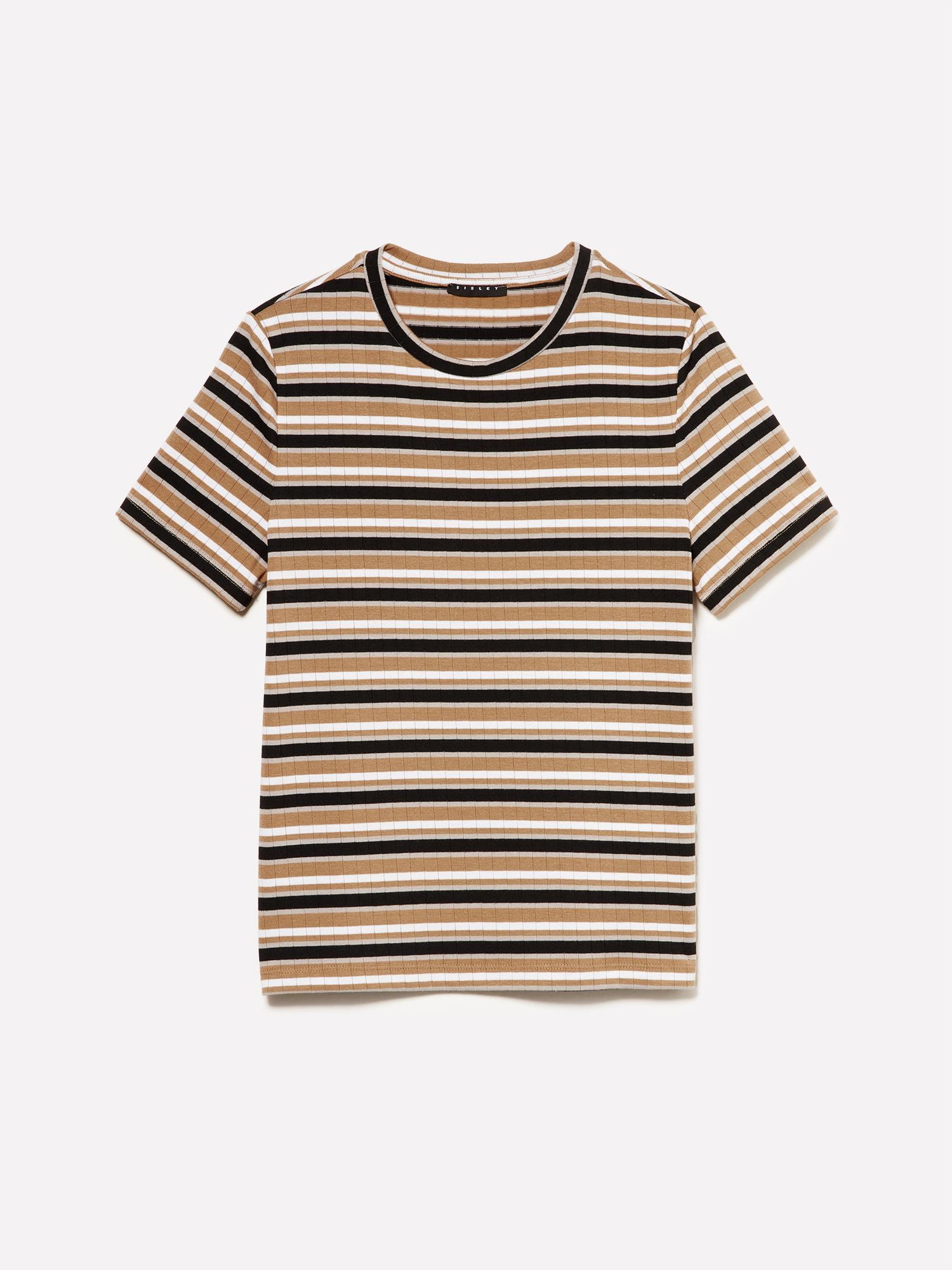 Kadın Bej Mix Viskoz Karışımlı Yatay Çizgili Bisiklet Yaka T-Shirt