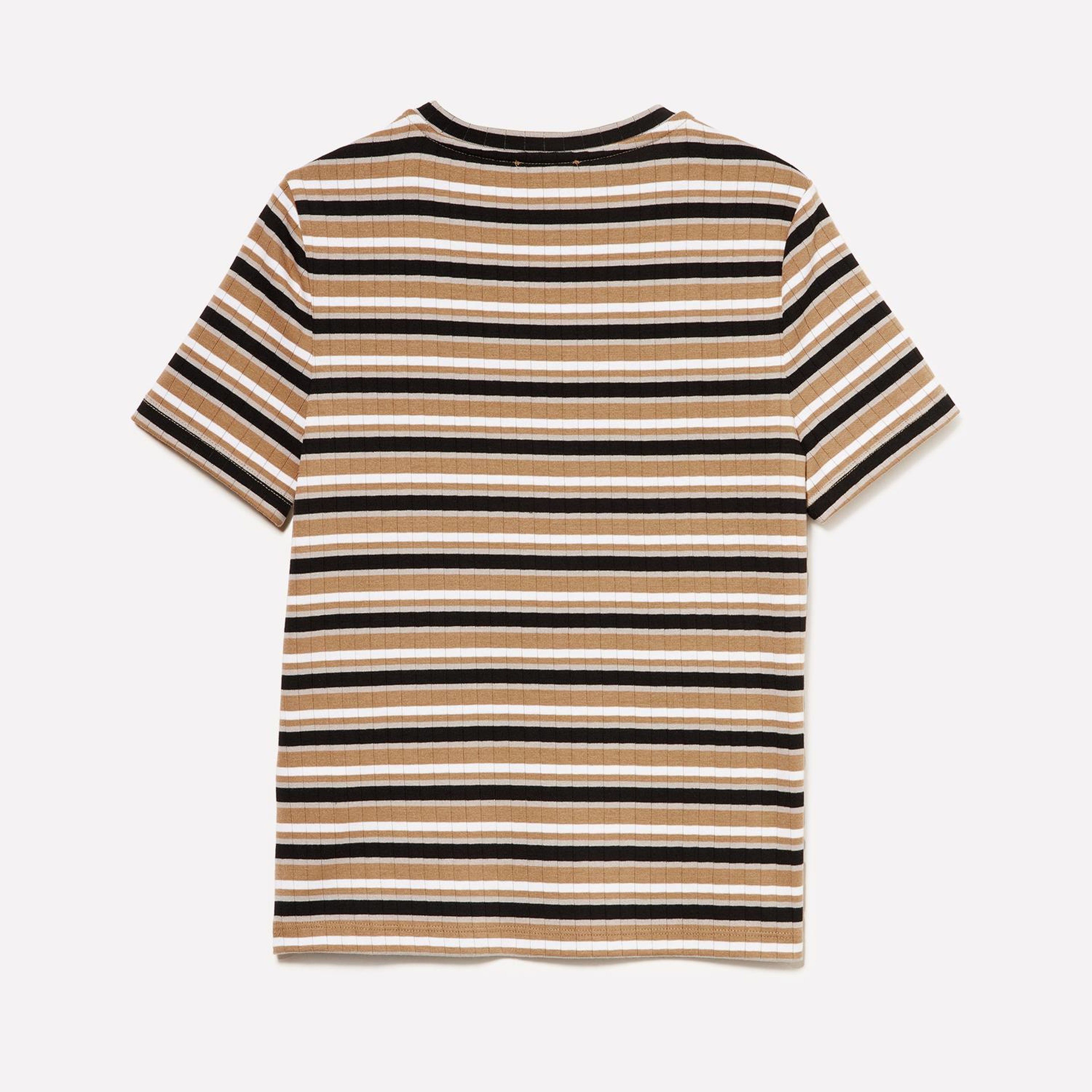 Kadın Bej Mix Viskoz Karışımlı Yatay Çizgili Bisiklet Yaka T-Shirt