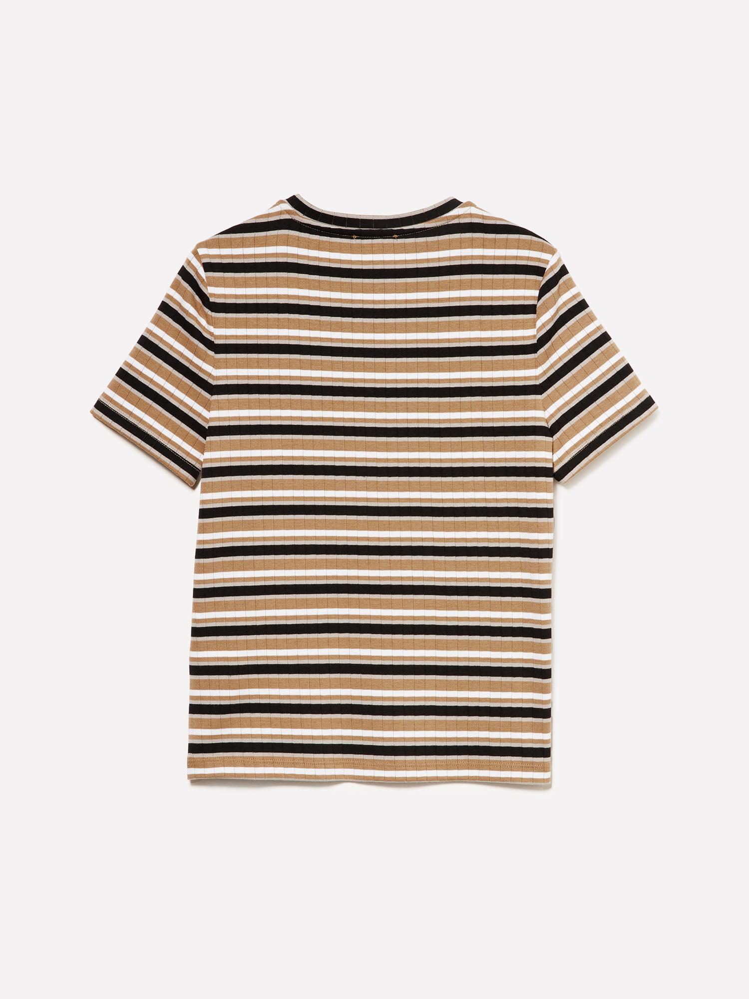 Kadın Bej Mix Viskoz Karışımlı Yatay Çizgili Bisiklet Yaka T-Shirt