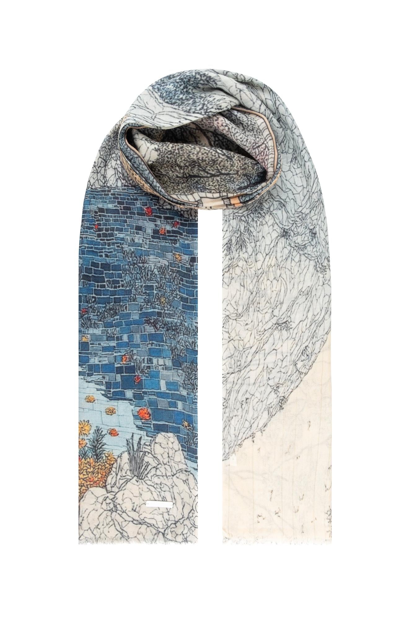 Ekru Jas İpekli Desenli Şal 70x180 cm
