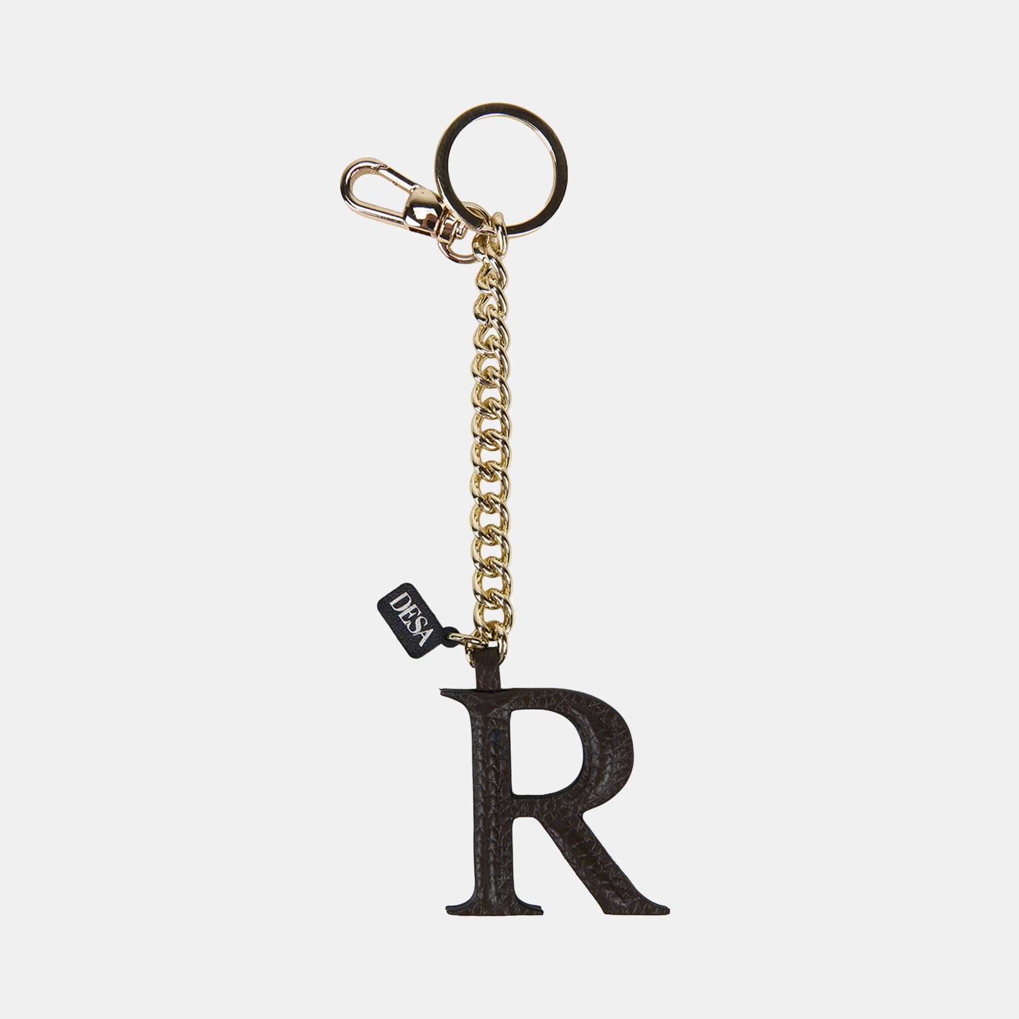 Acı Kahve R Harfi Gold Zincirli Deri Charm / Anahtarlık