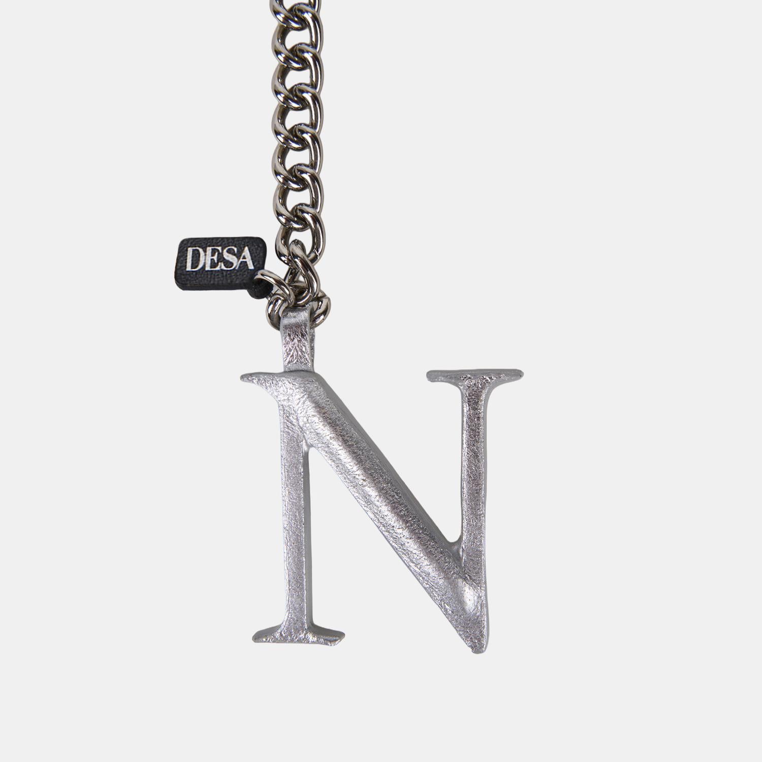 Gümüş N Harfi Zincirli Deri Charm / Anahtarlık