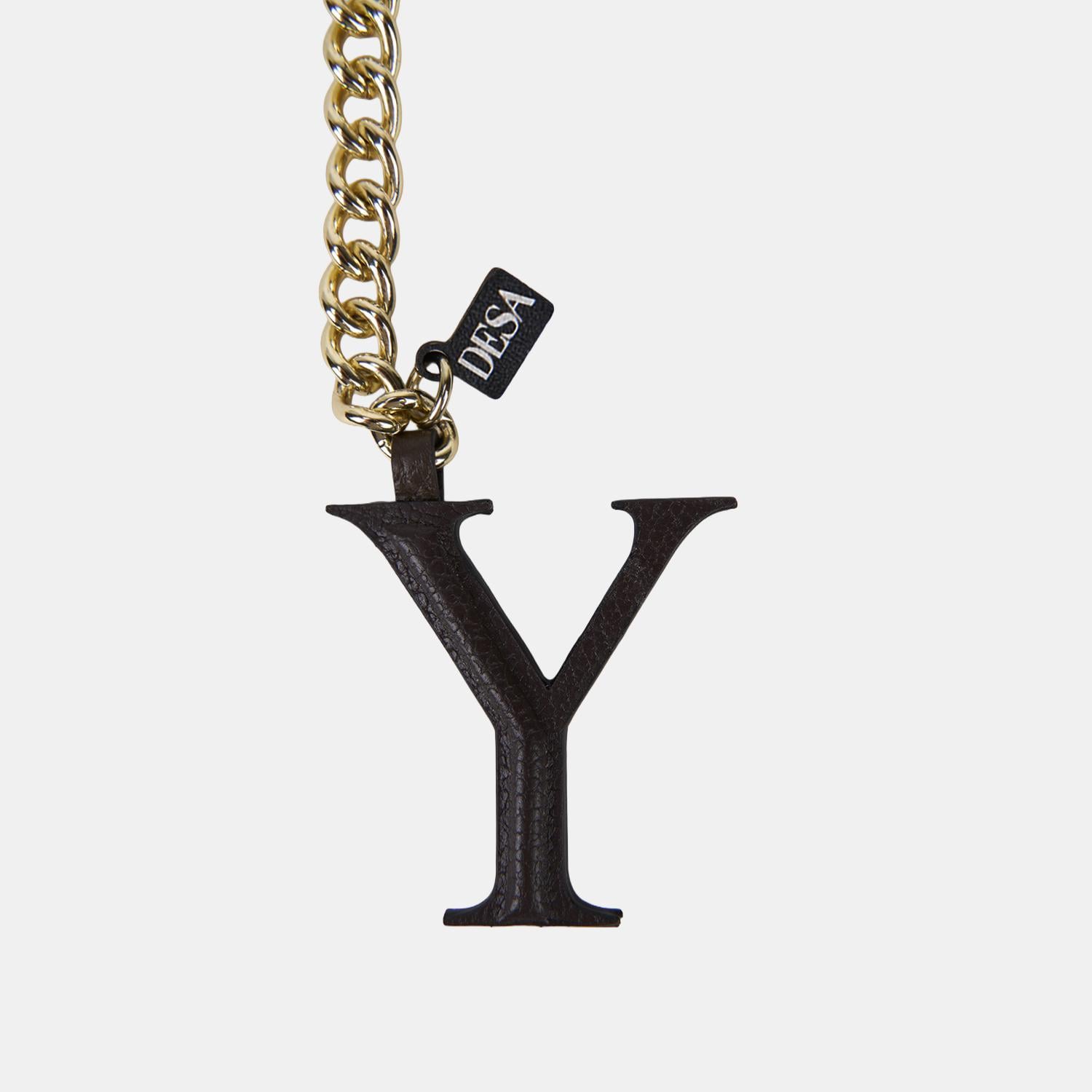 Acı Kahve Y Harfi Gold Zincirli Deri Charm / Anahtarlık