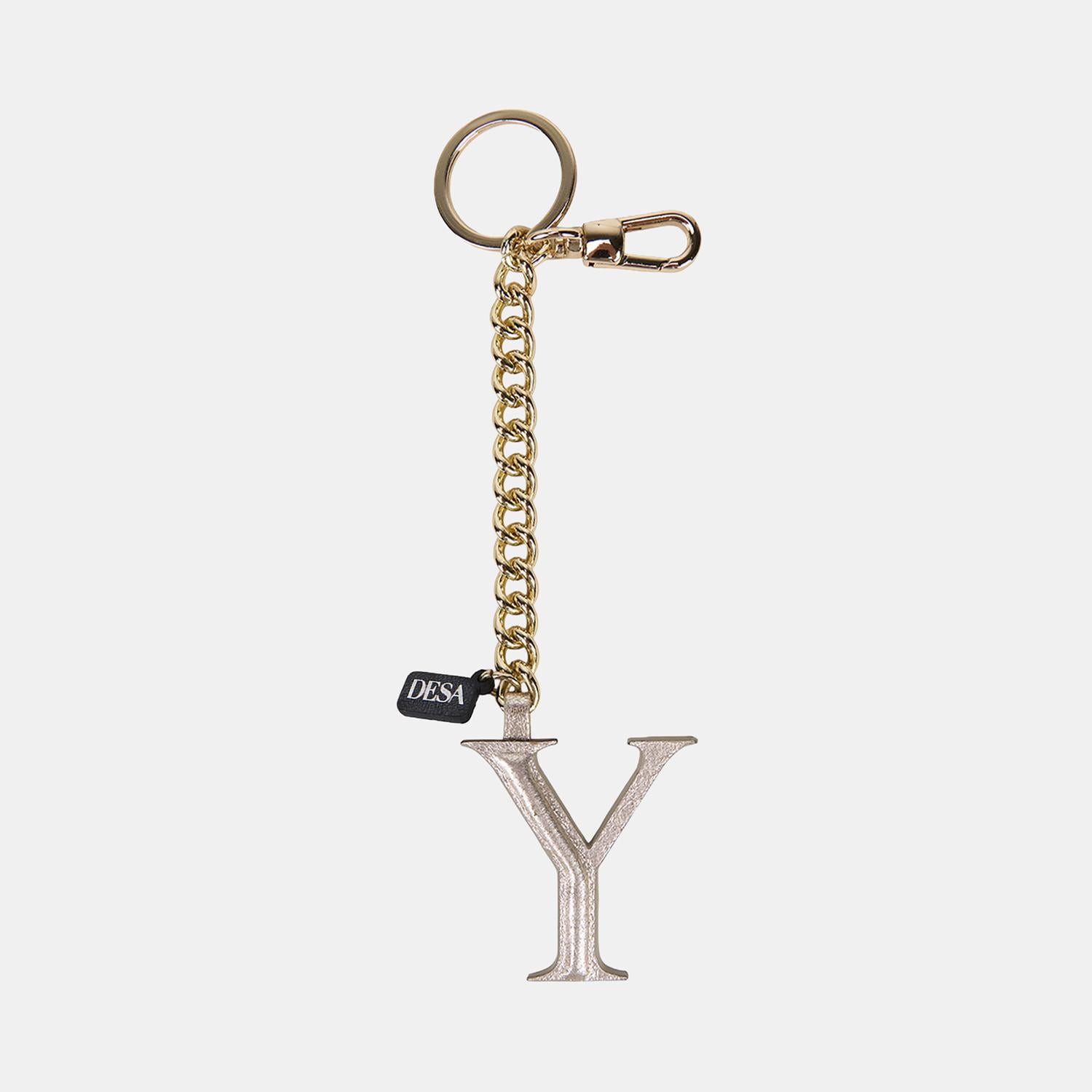 Gümüş Y Harfi Gold Zincirli Deri Charm / Anahtarlık