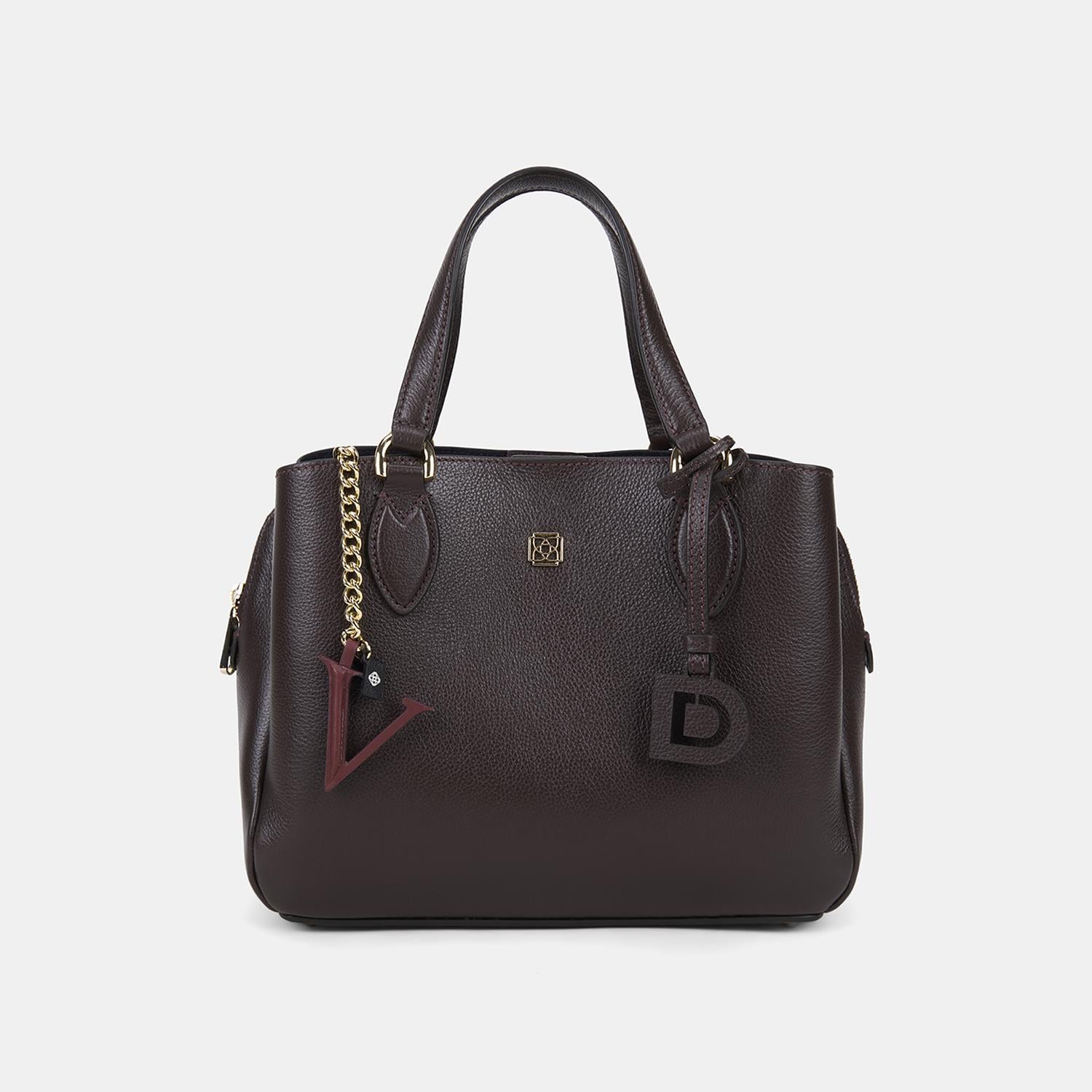 Bordo V Harfi Gold Zincirli Deri Charm / Anahtarlık