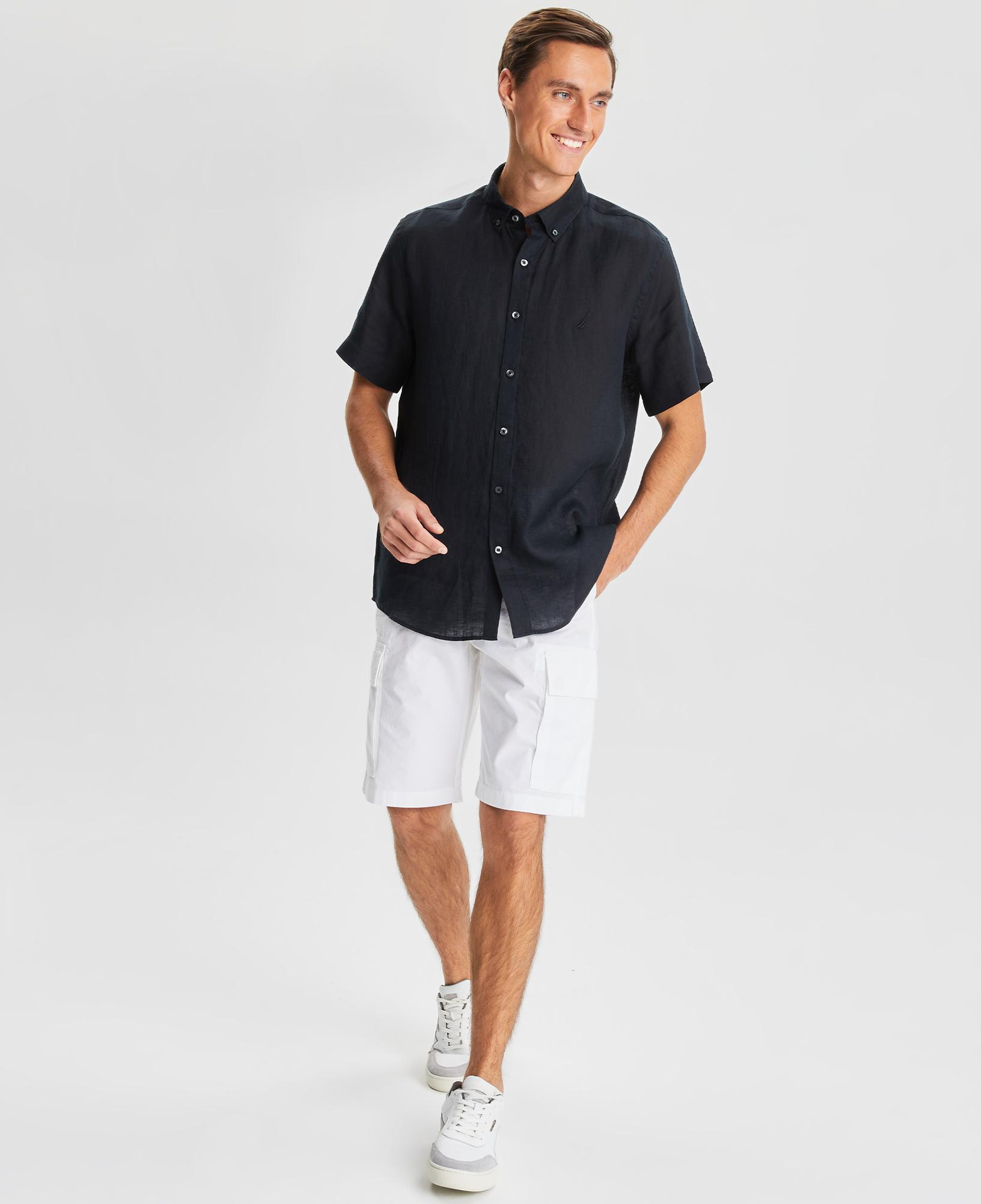 Nautica Erkek Siyah Classic Fit Kısa Kollu Keten Gömlek