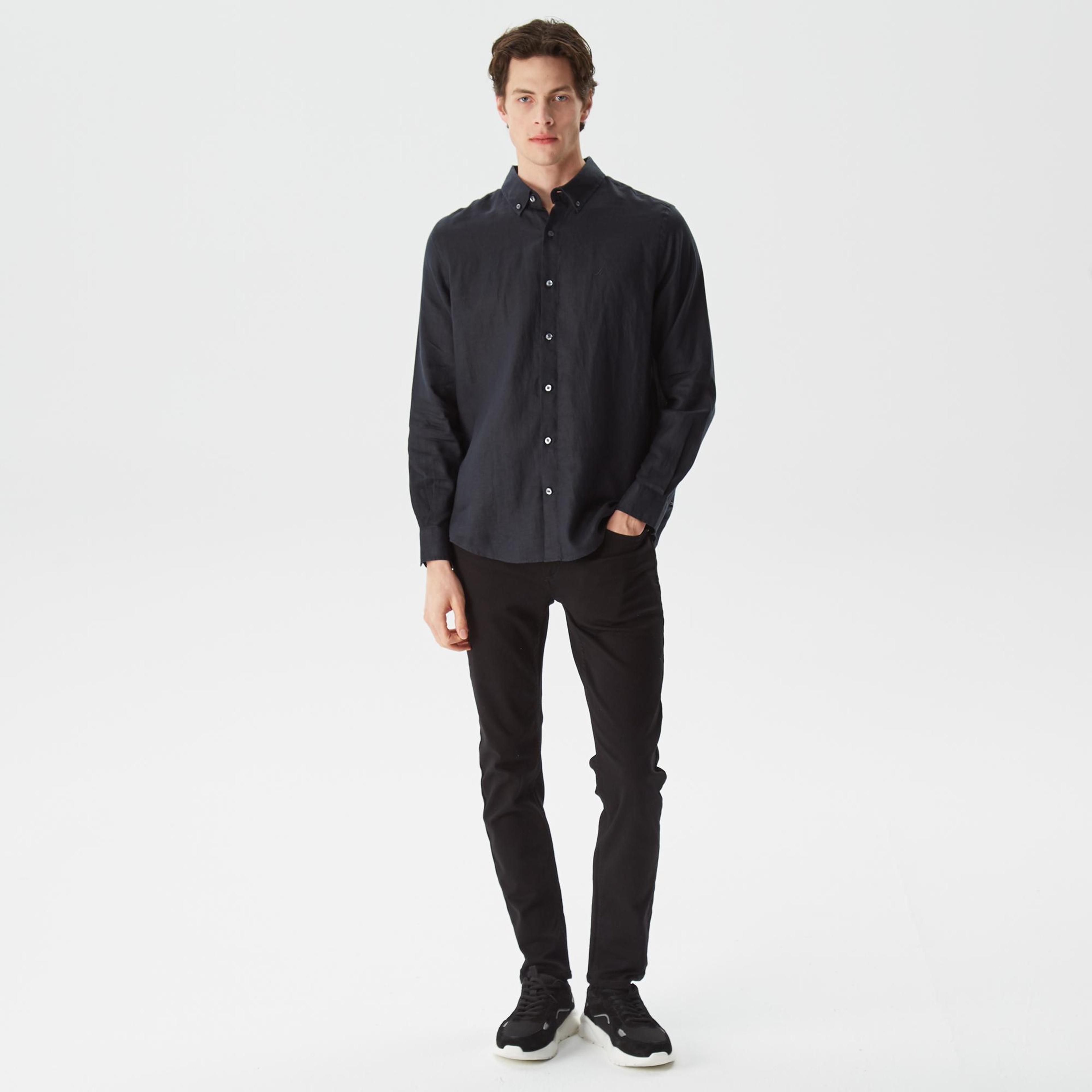 Nautica Erkek Siyah Classic Fit Uzun Kollu Keten Gömlek