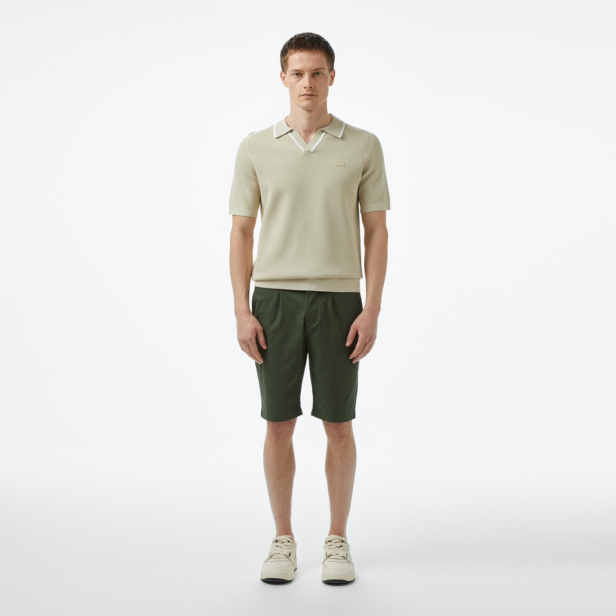 Erkek Tapered Fit Haki Keten Karışımlı Bermuda Şort