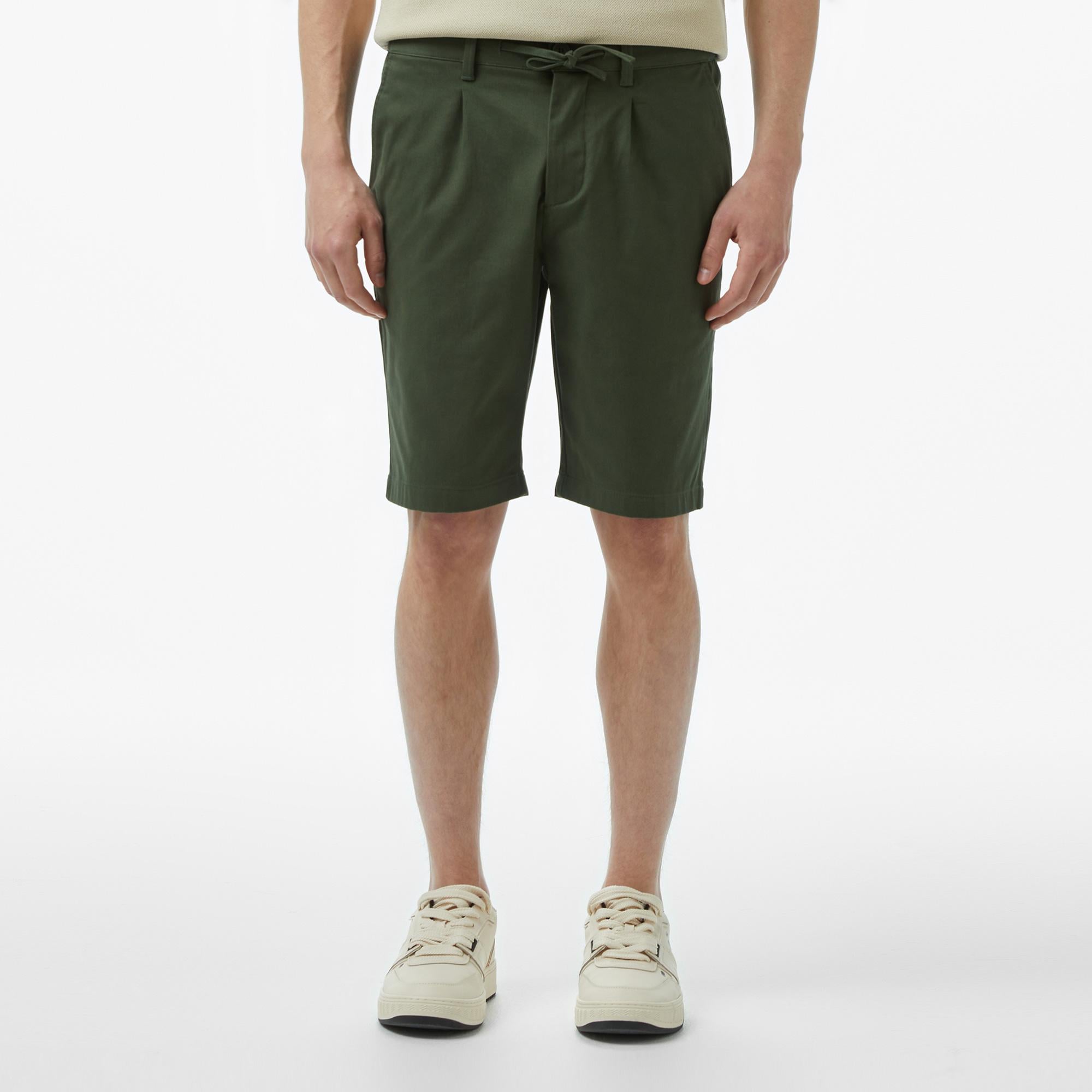 Erkek Tapered Fit Haki Keten Karışımlı Bermuda Şort