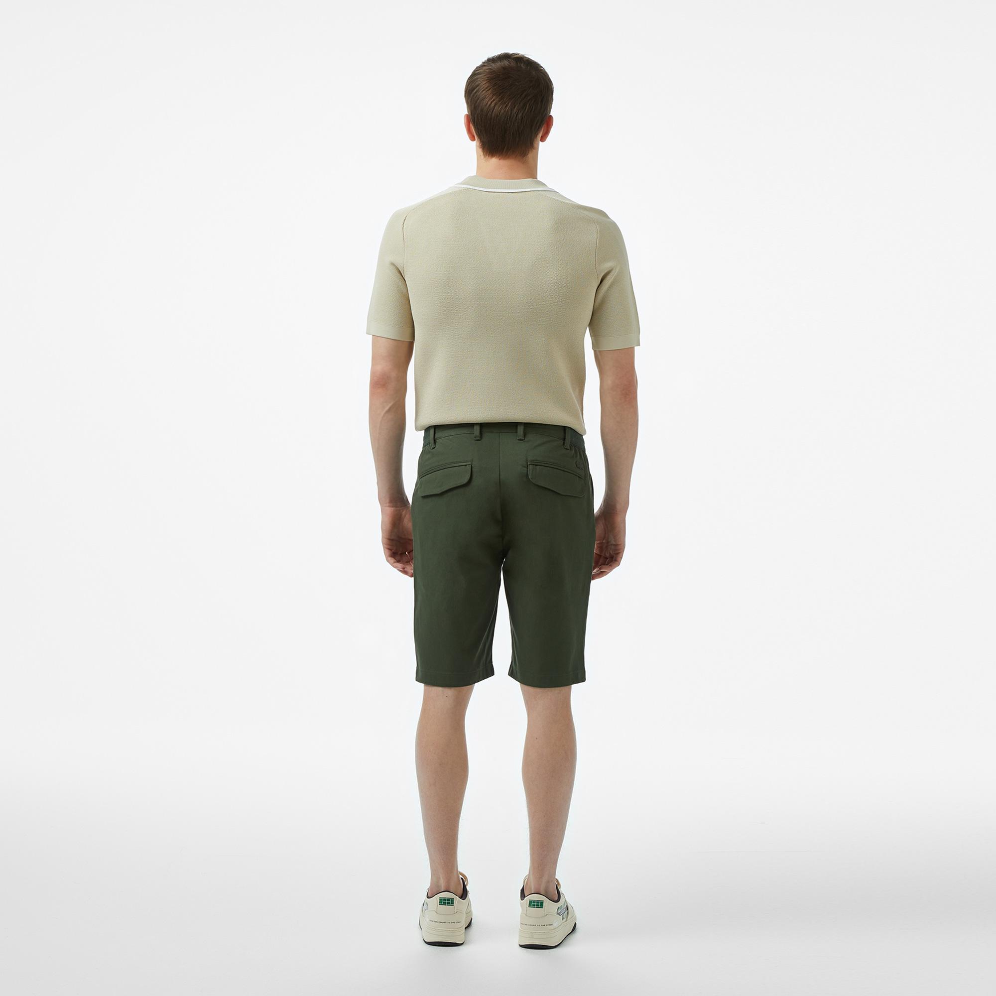 Erkek Tapered Fit Haki Keten Karışımlı Bermuda Şort