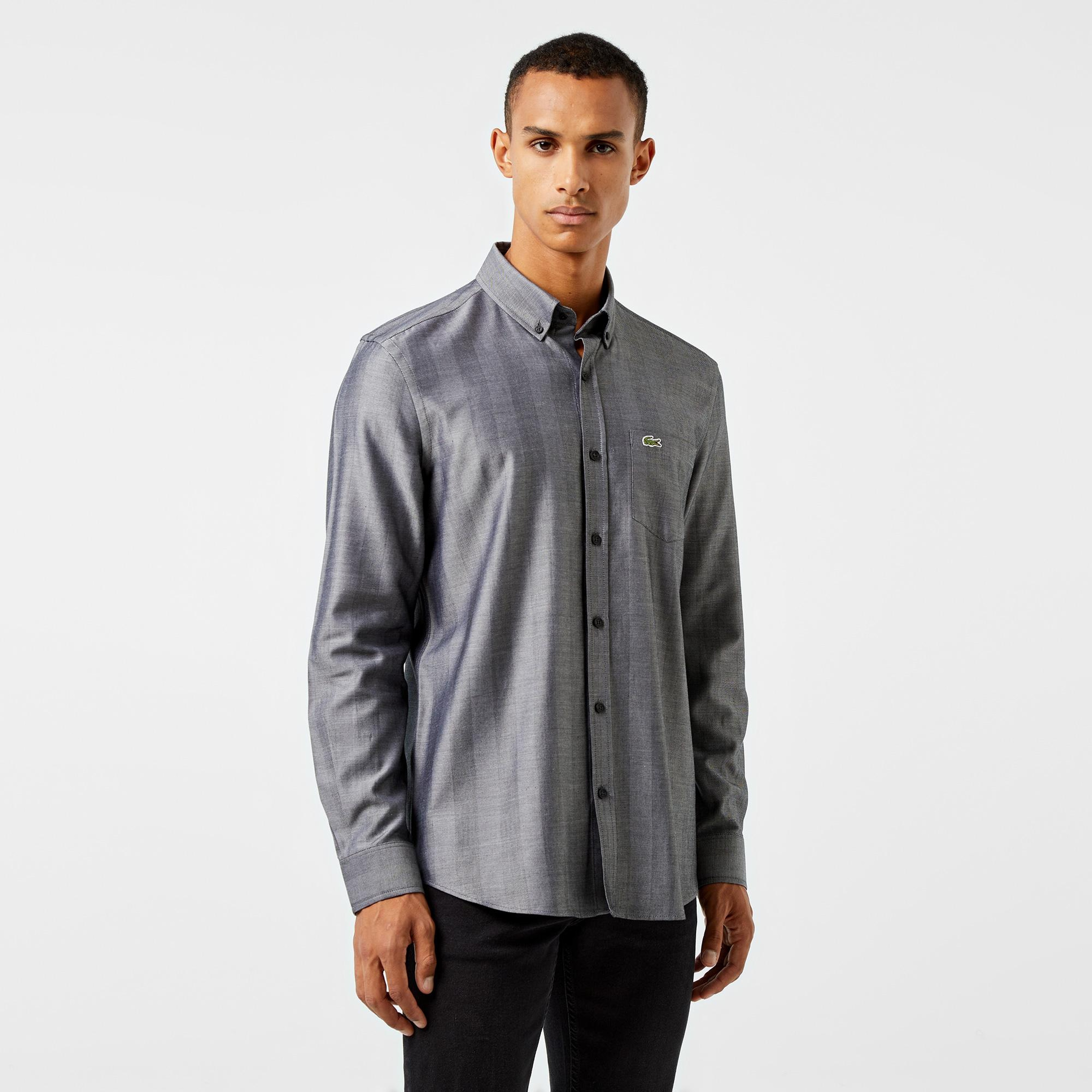 Erkek Slim Fit Düğmeli Yaka Gri Gömlek