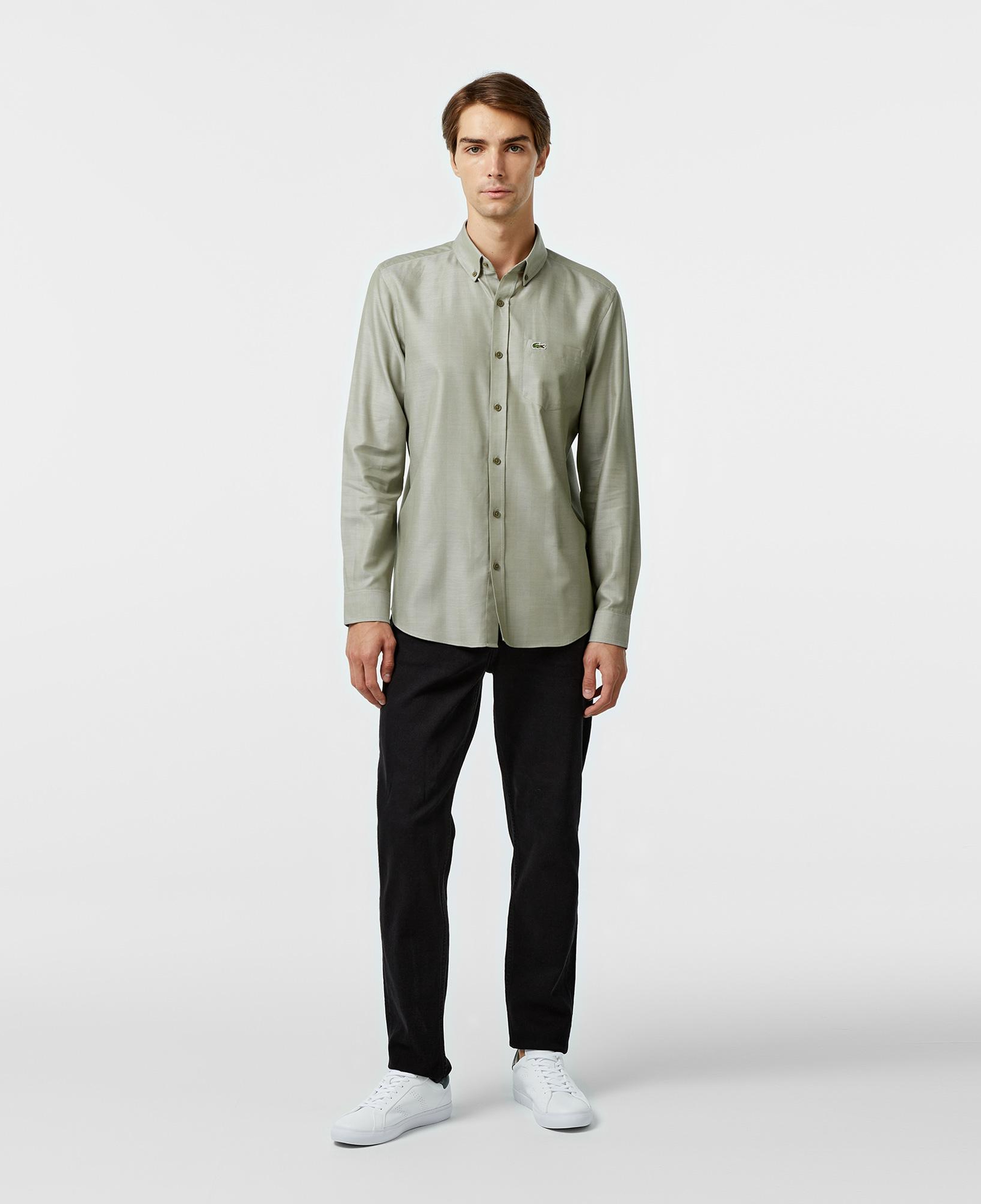 Erkek Slim Fit Düğmeli Yaka Haki Gömlek