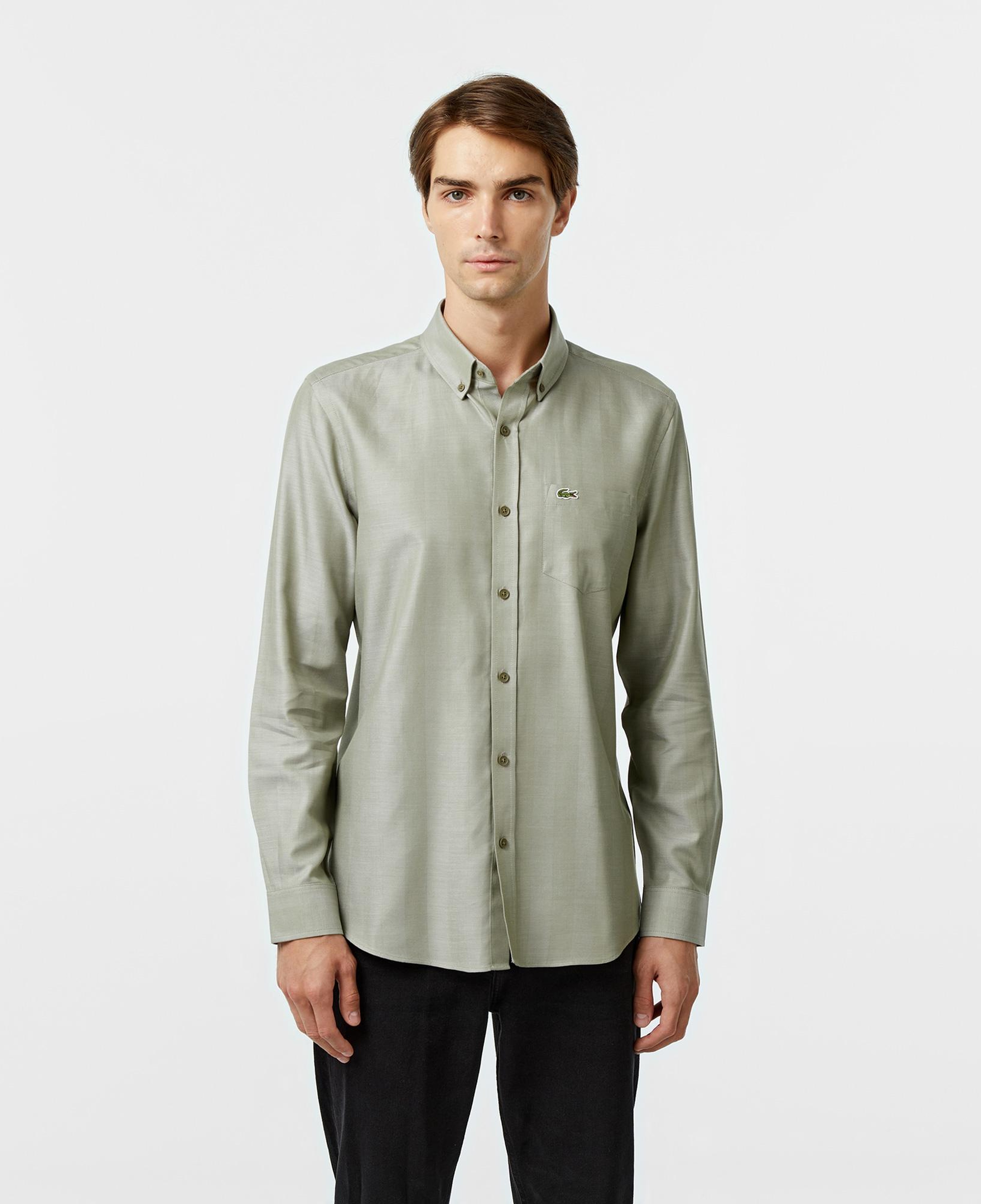 Erkek Slim Fit Düğmeli Yaka Haki Gömlek