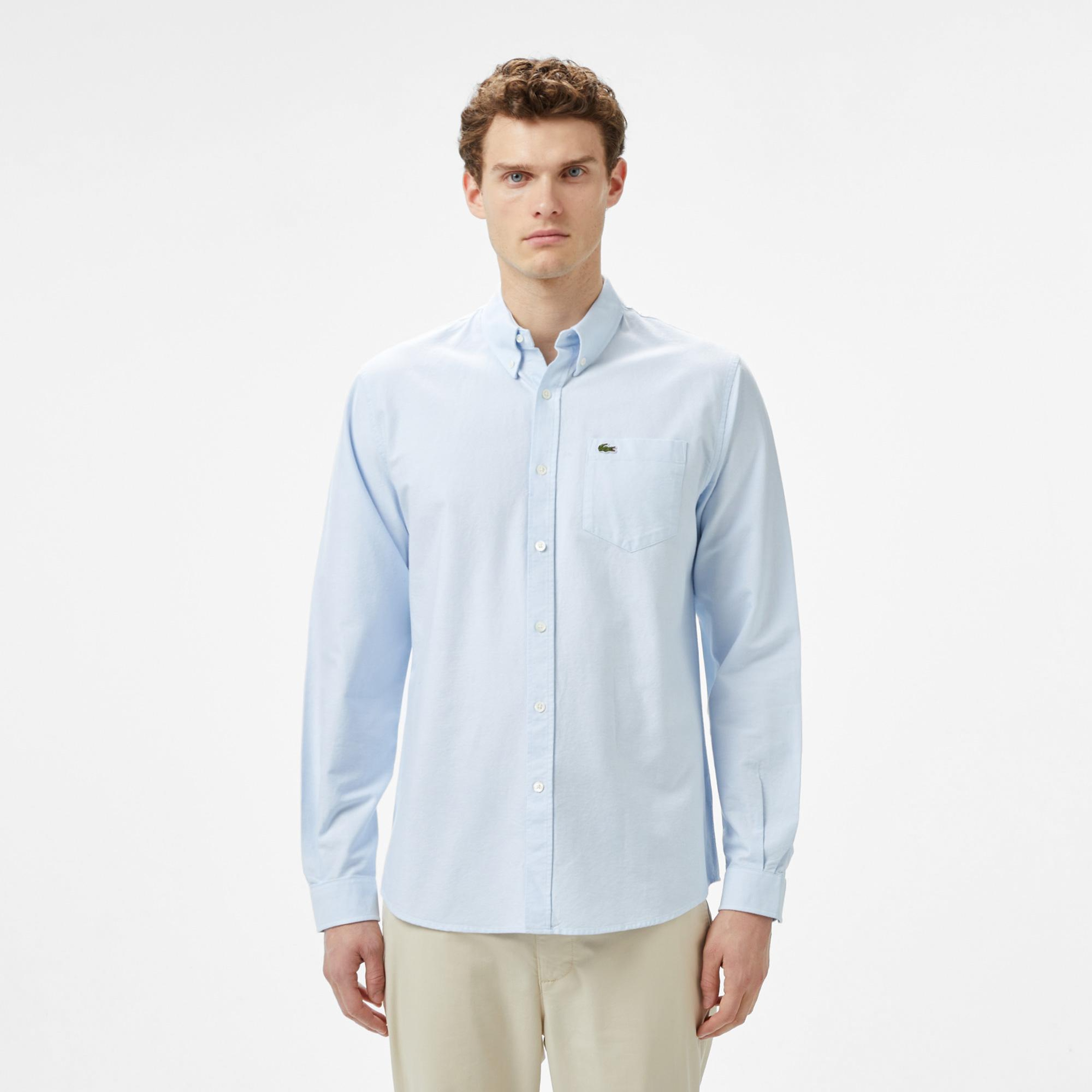 Erkek Regular Fit Düğmeli Yaka Organik Pamuk Mavi Gömlek