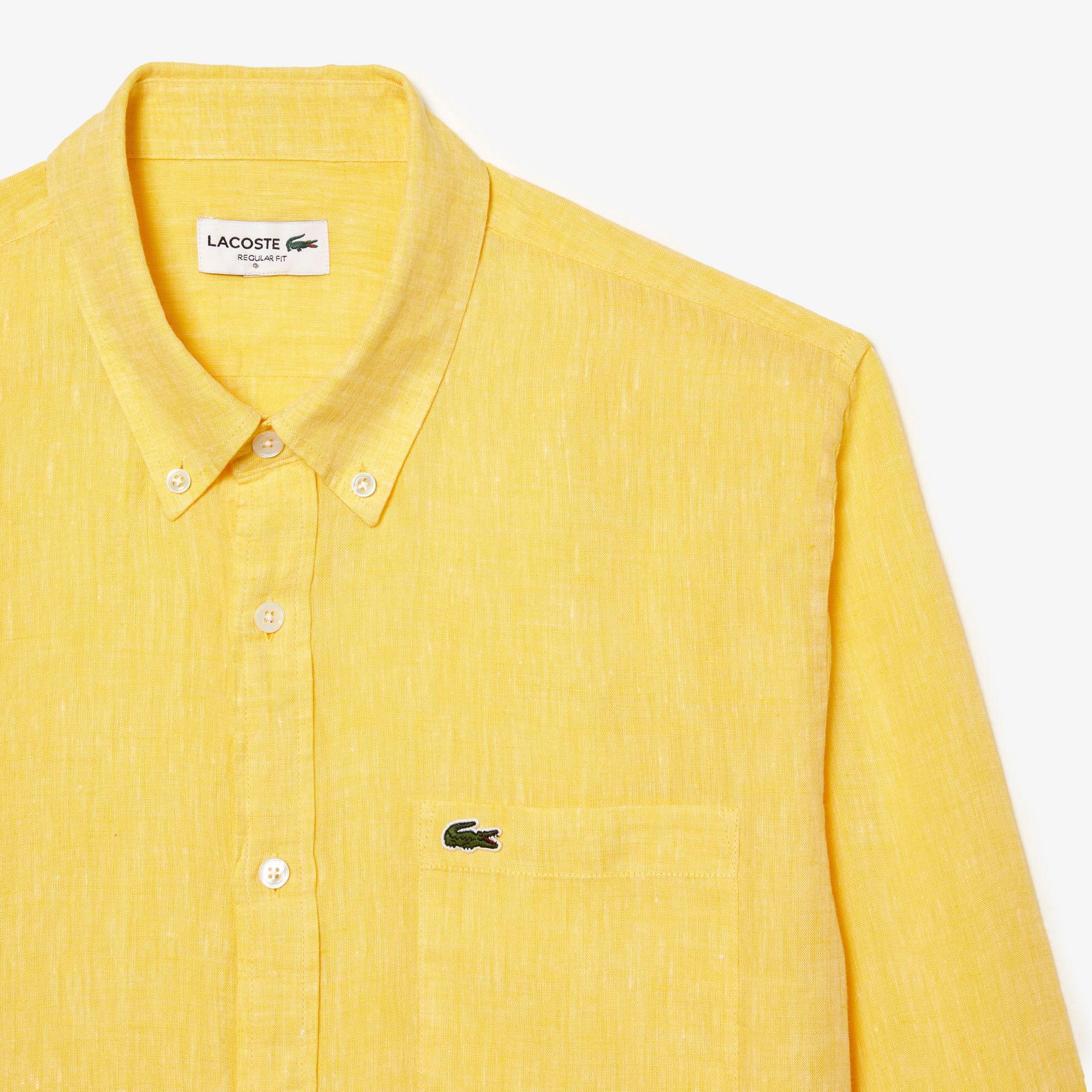 Lacoste Erkek Regular Fit Düğmeli Yaka Keten Sarı Gömlek