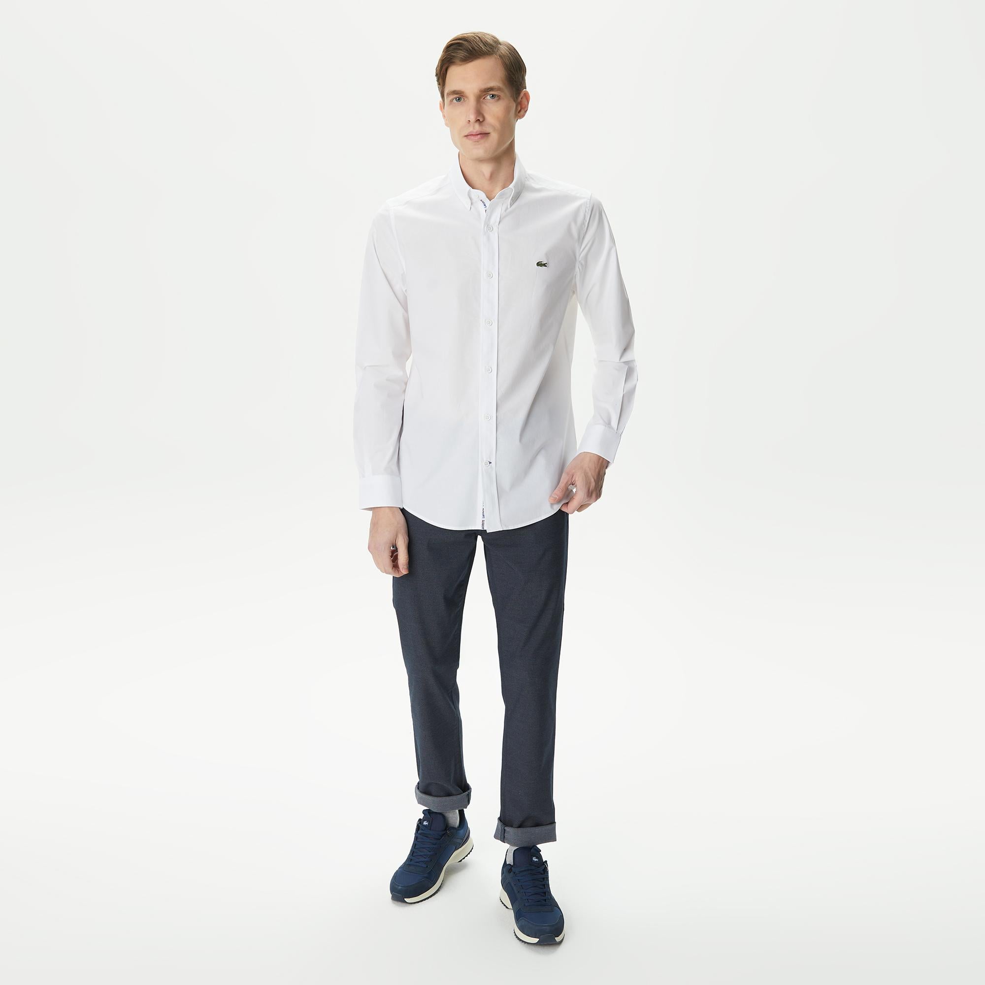 Erkek Slim Fit Düğmeli Yaka Beyaz Gömlek