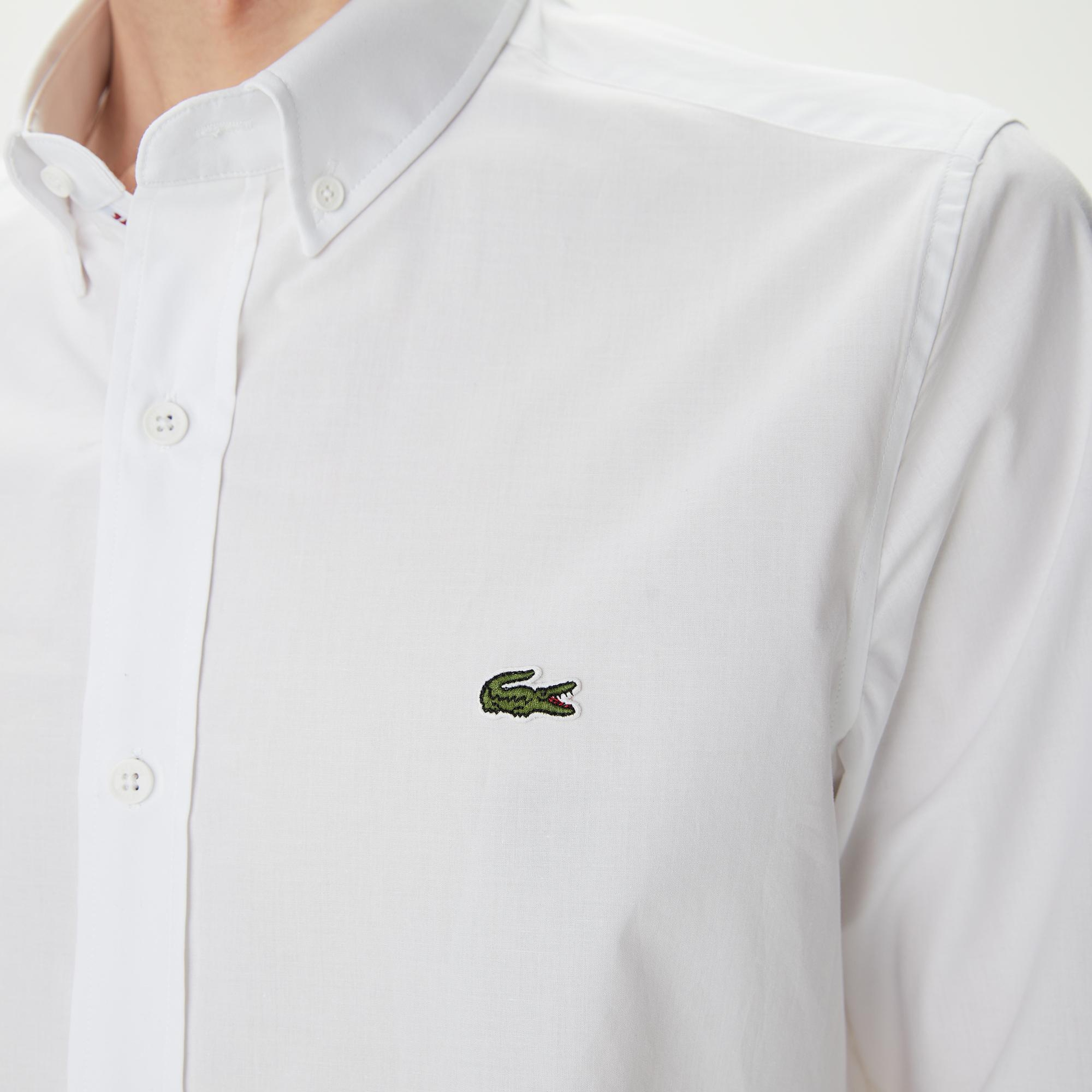 Erkek Slim Fit Düğmeli Yaka Beyaz Gömlek