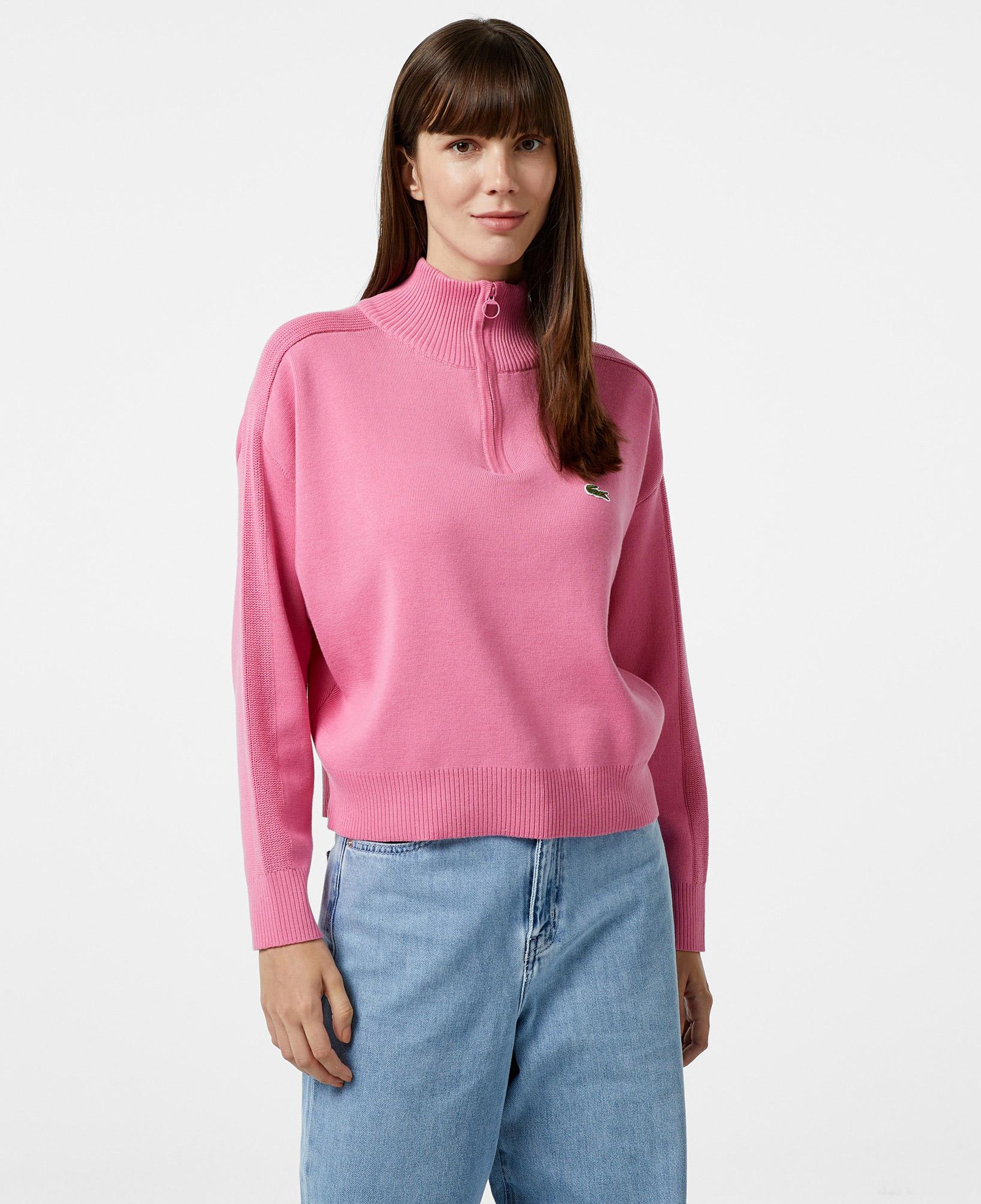 Kadın Relaxed Fit Yarım Fermuarlı Pembe Triko