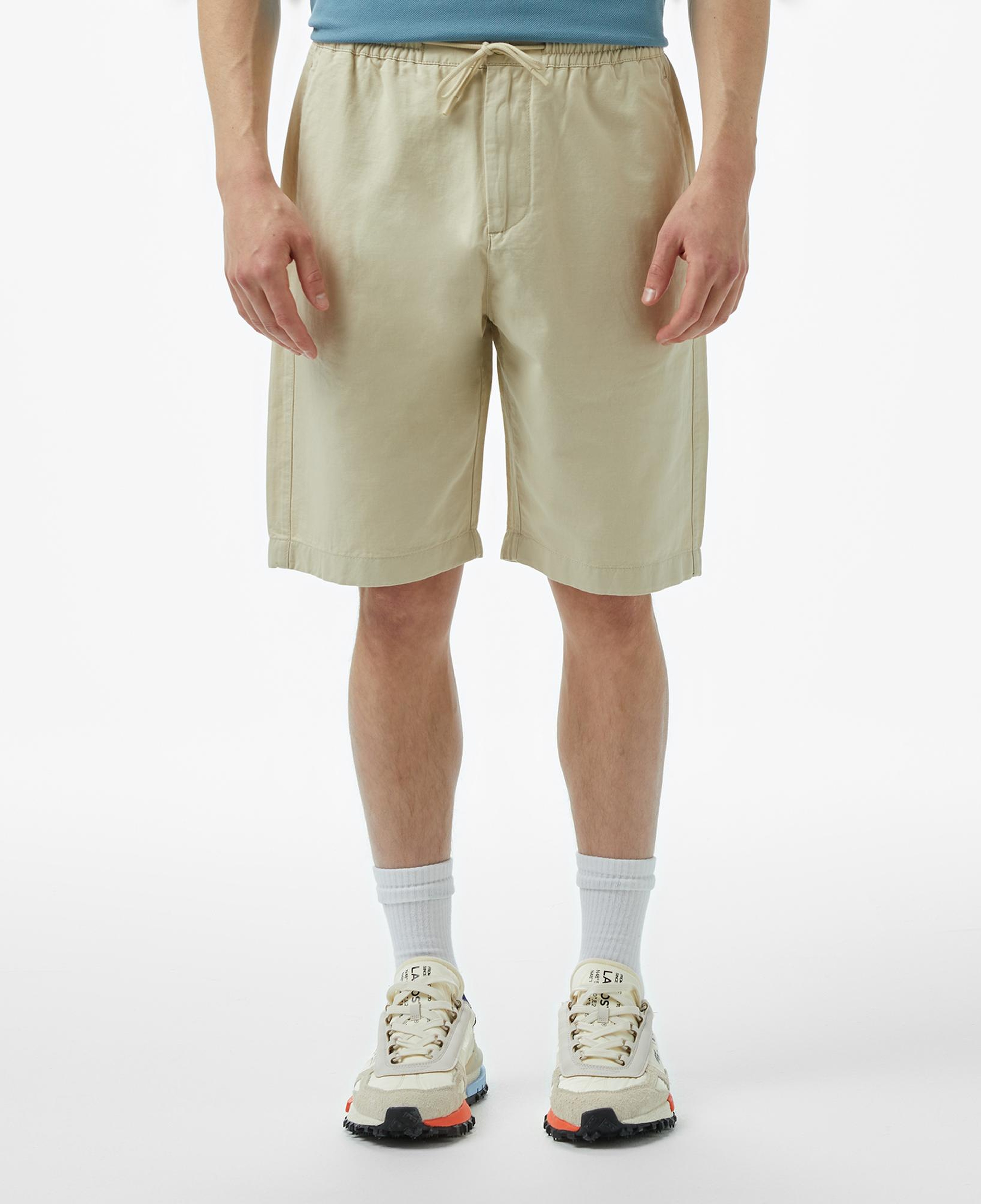 Erkek Relaxed Fit Bej Keten Karışımlı Bermuda Şort