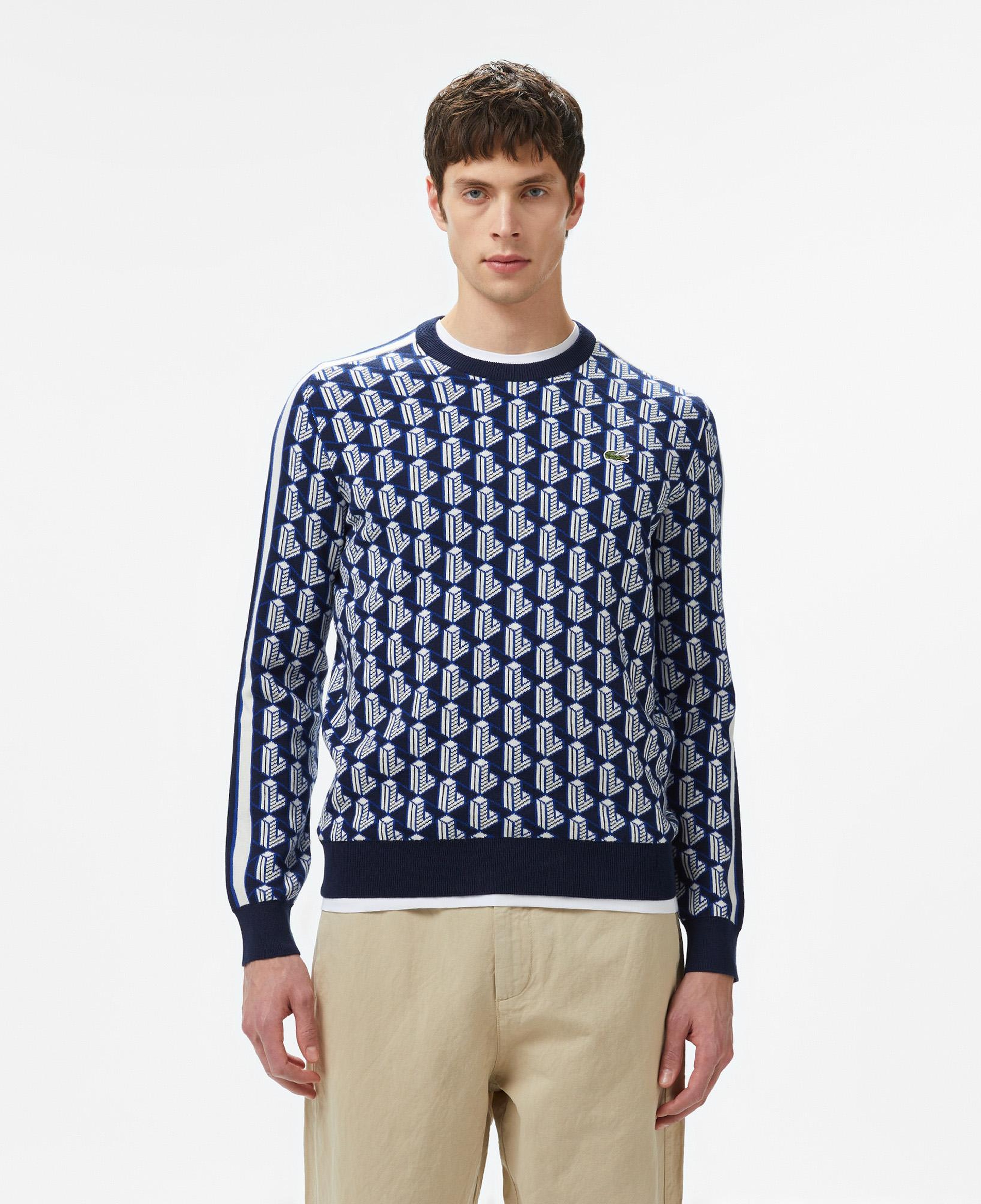 Erkek Classic Fit Bisiklet Yaka Monogram Lacivert Kazak