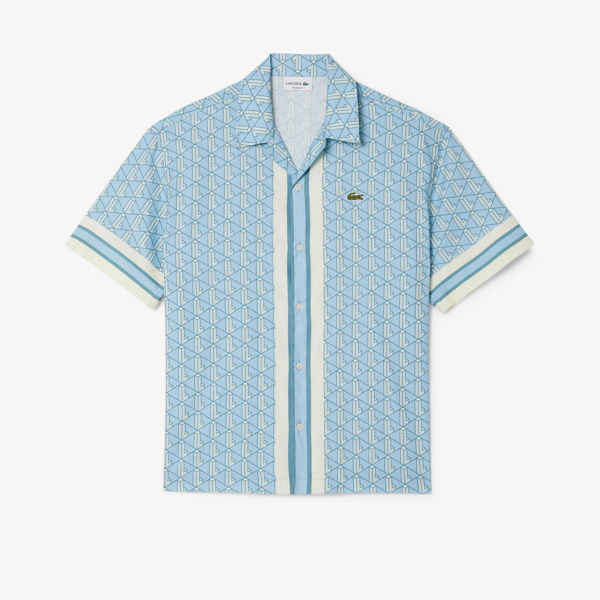 Erkek Relaxed Fit Kısa Kollu Monogram Mavi Gömlek