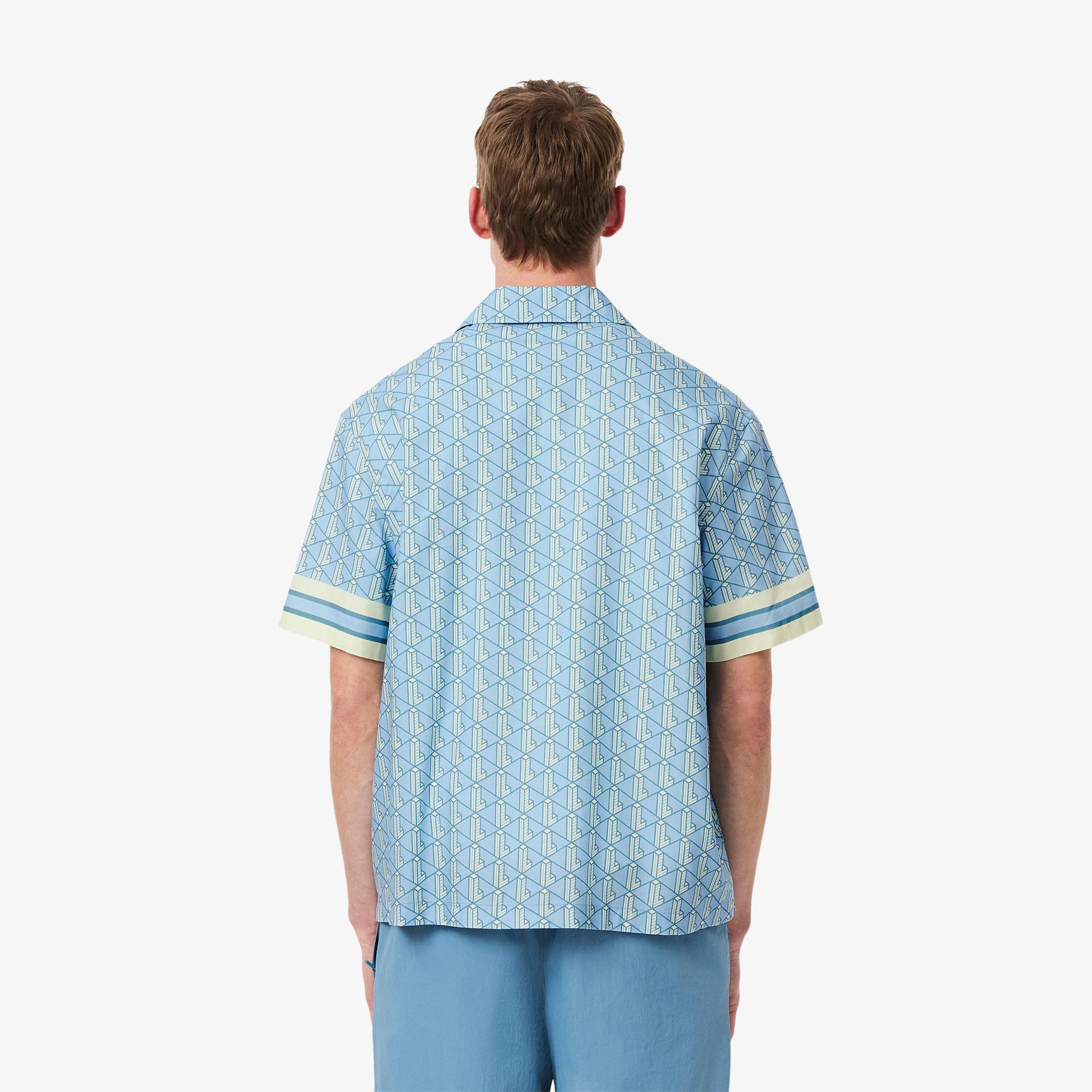 Erkek Relaxed Fit Kısa Kollu Monogram Mavi Gömlek