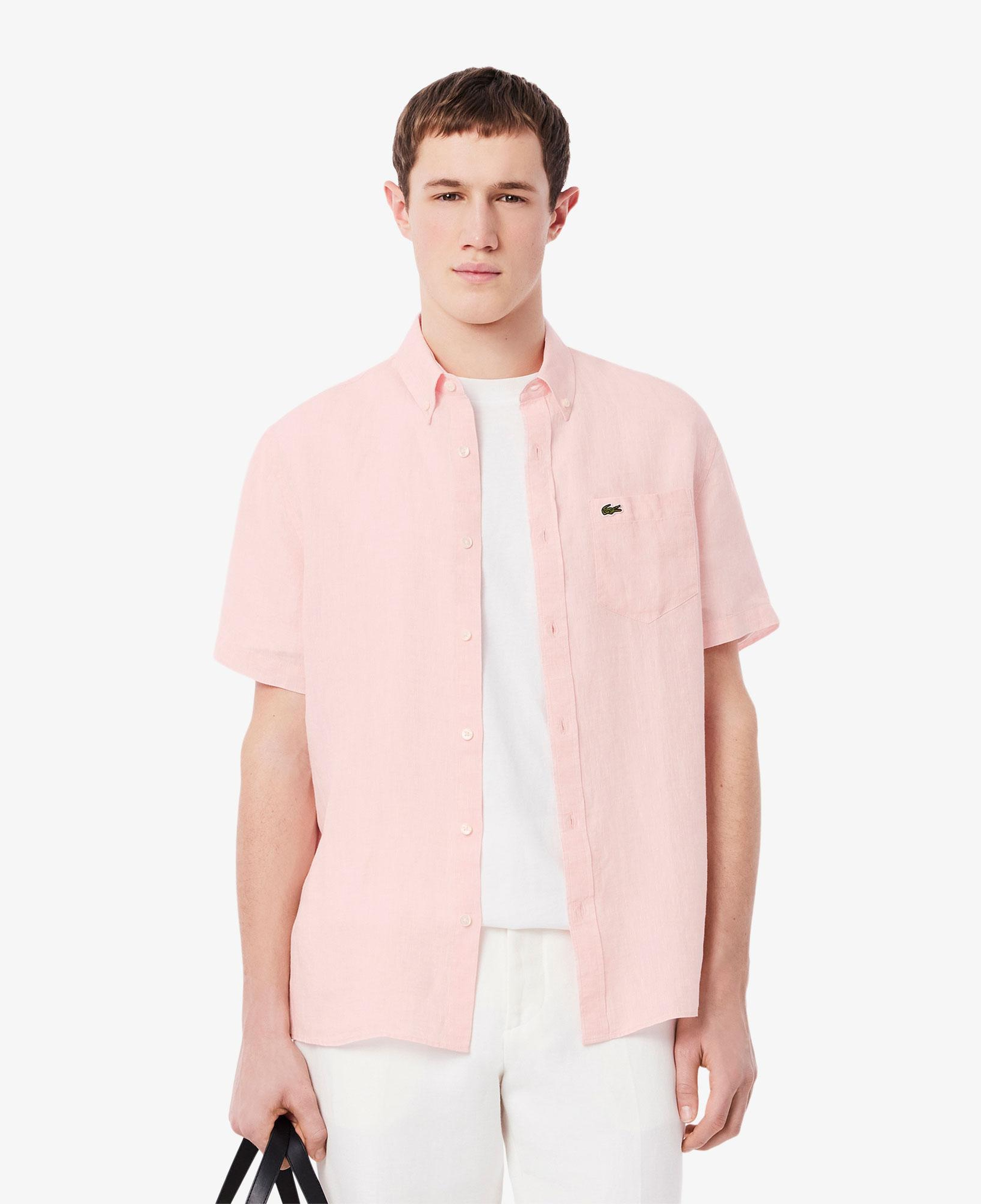Lacoste Erkek Regular Fit Kısa Kollu Düğmeli Yaka Keten Açık Pembe Gömlek