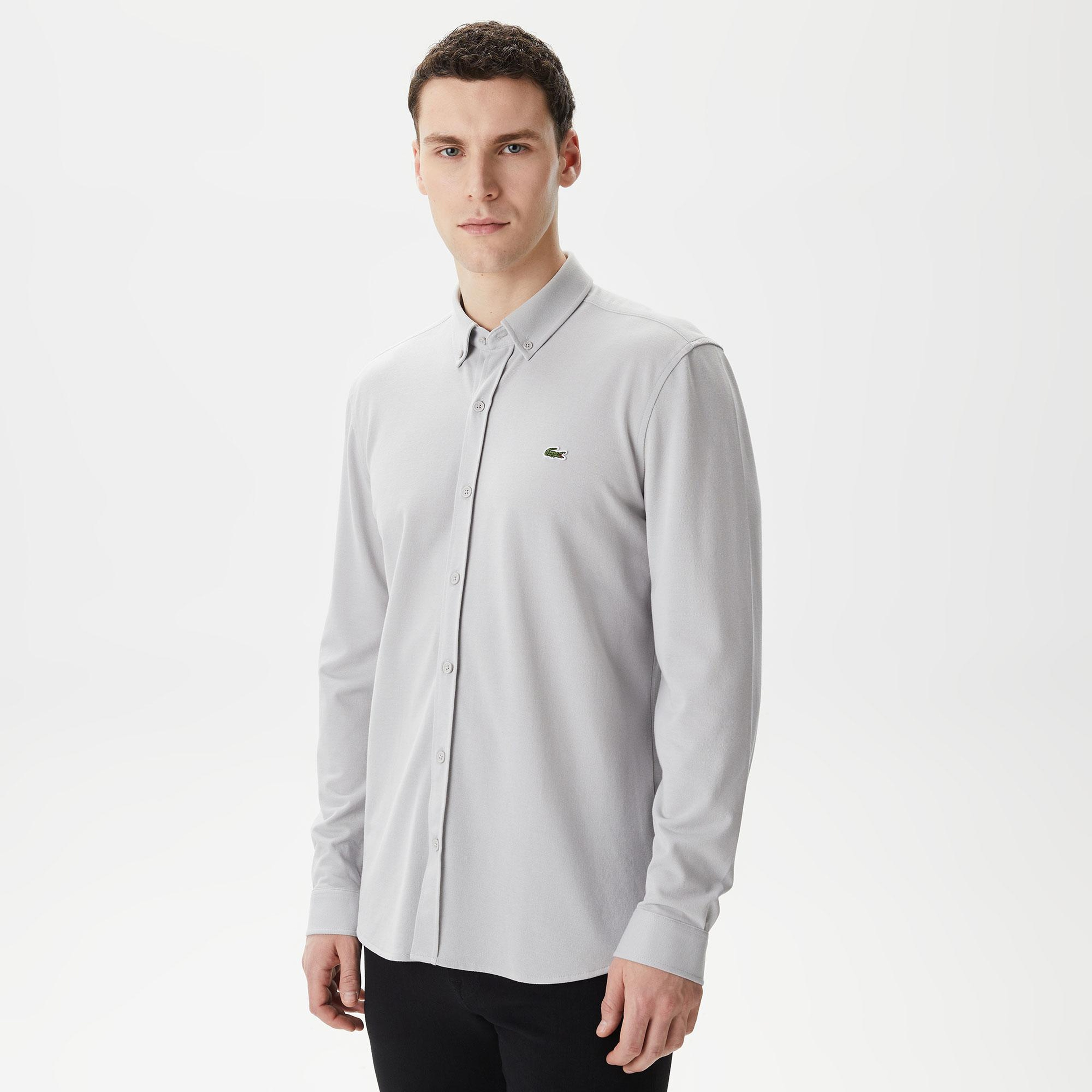 Erkek Slim Fit Düğmeli Yaka Gri Gömlek