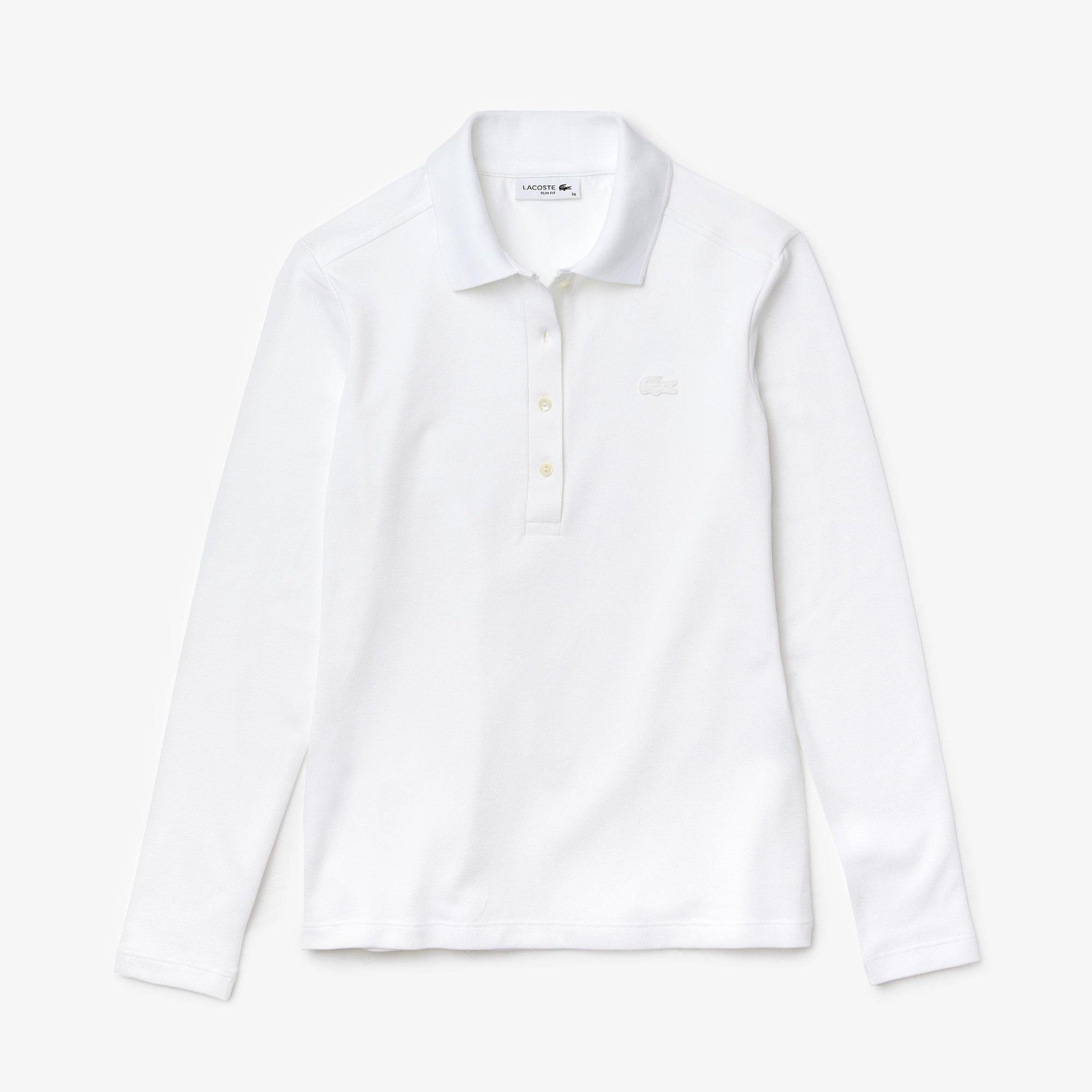 Lacoste Kadın Slim Fit Uzun Kollu Beyaz Polo