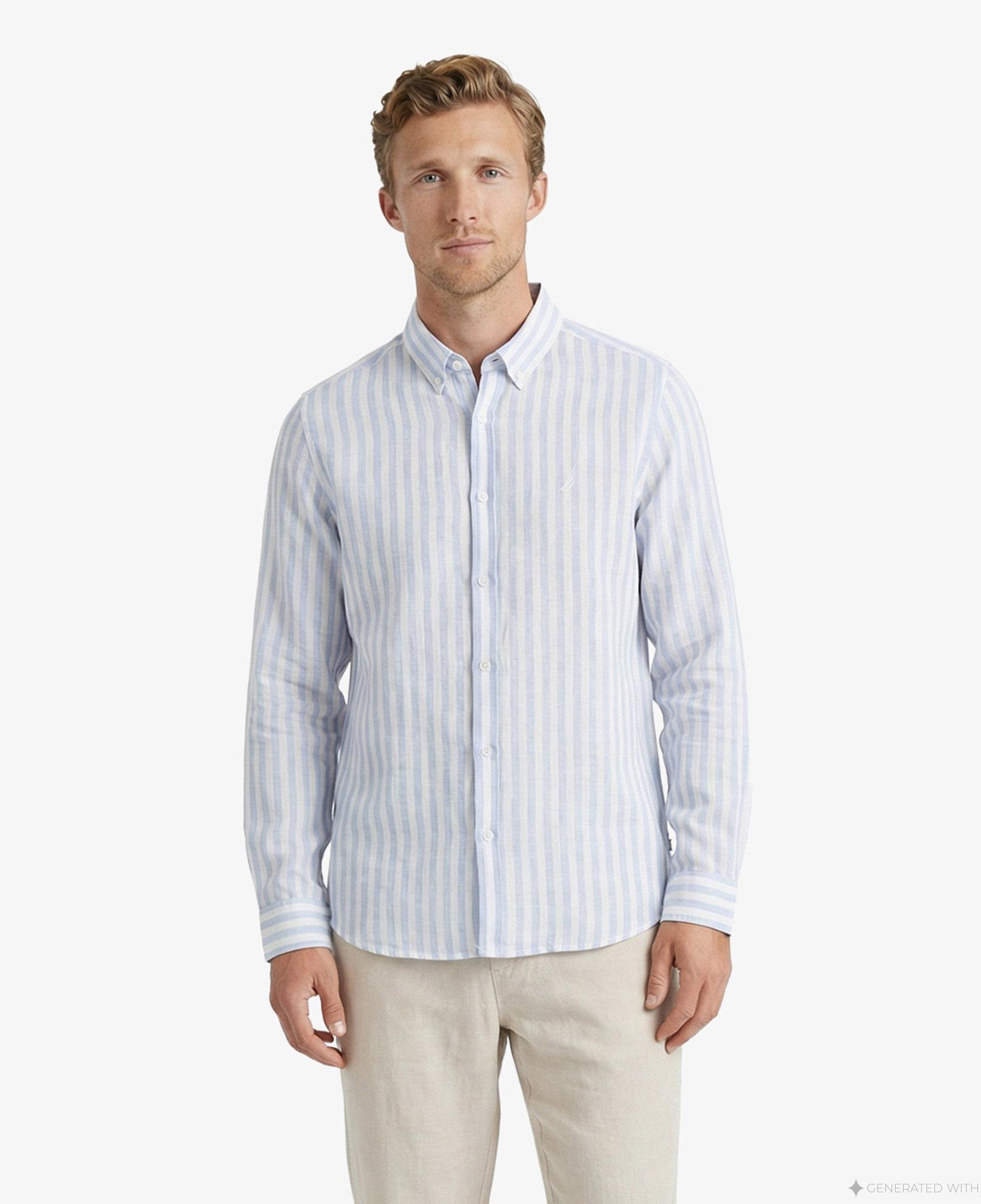 Nautica Erkek Mavi Regular Fit Çizgili Keten Gömlek