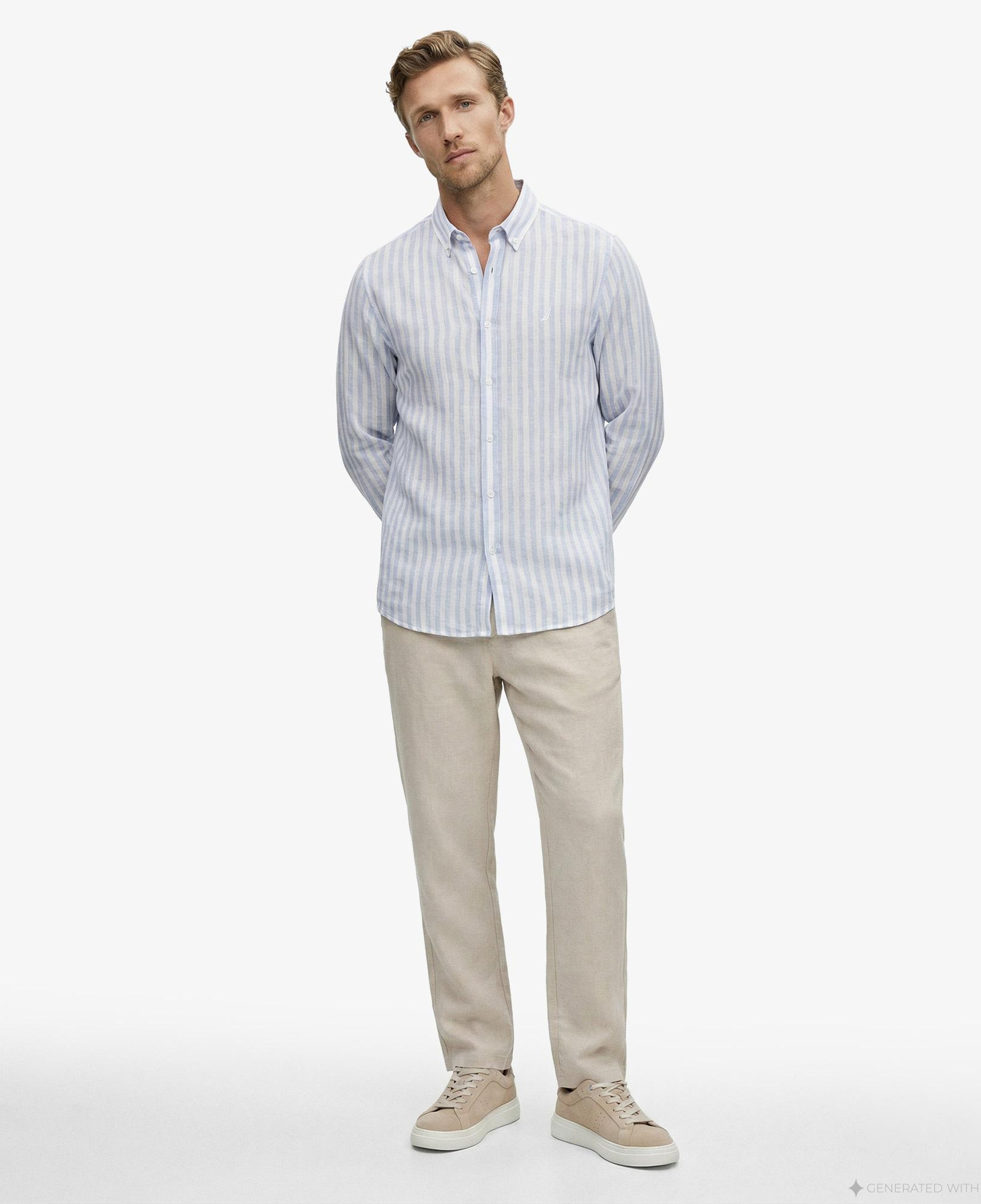 Nautica Erkek Mavi Regular Fit Çizgili Keten Gömlek