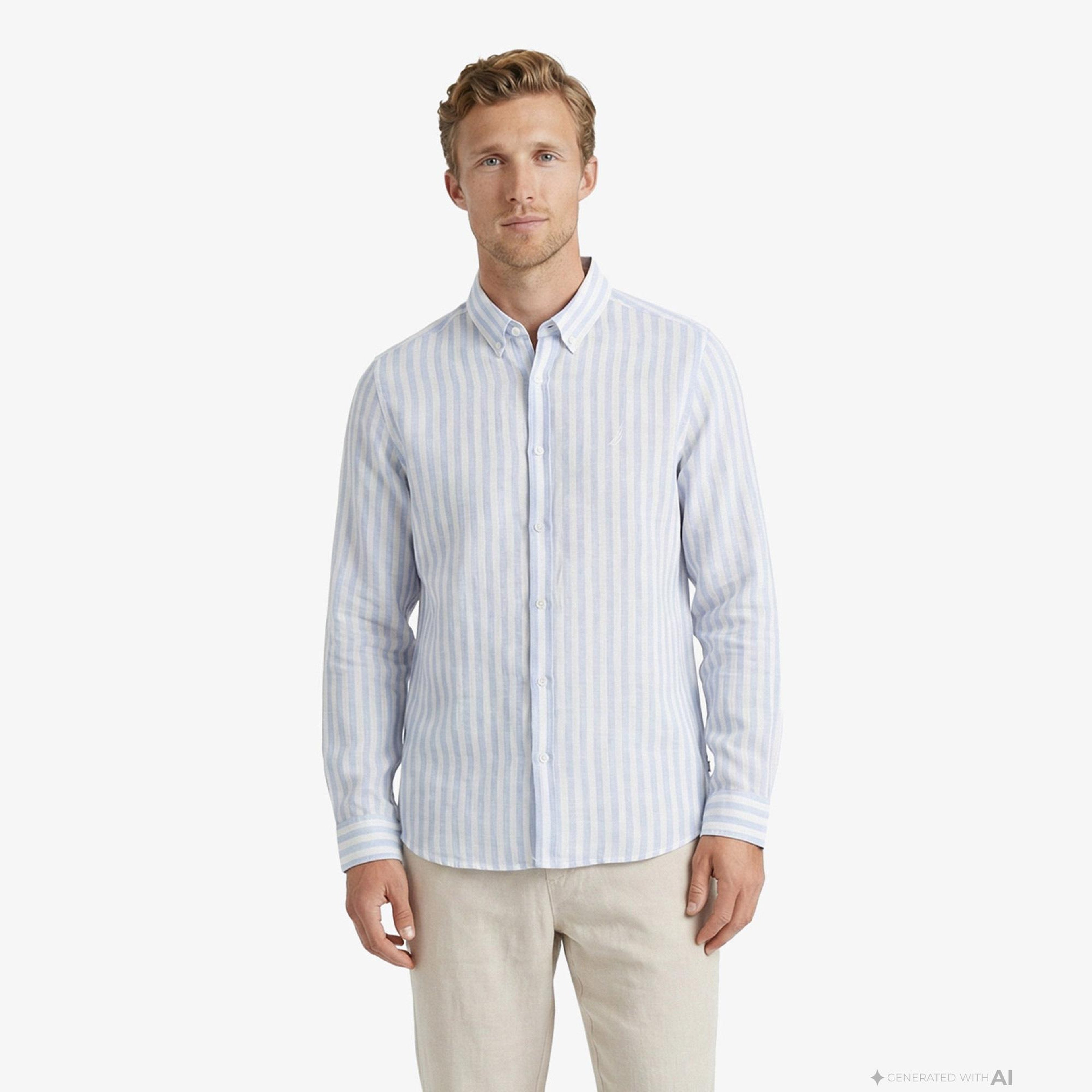 Nautica Erkek Mavi Regular Fit Çizgili Keten Gömlek