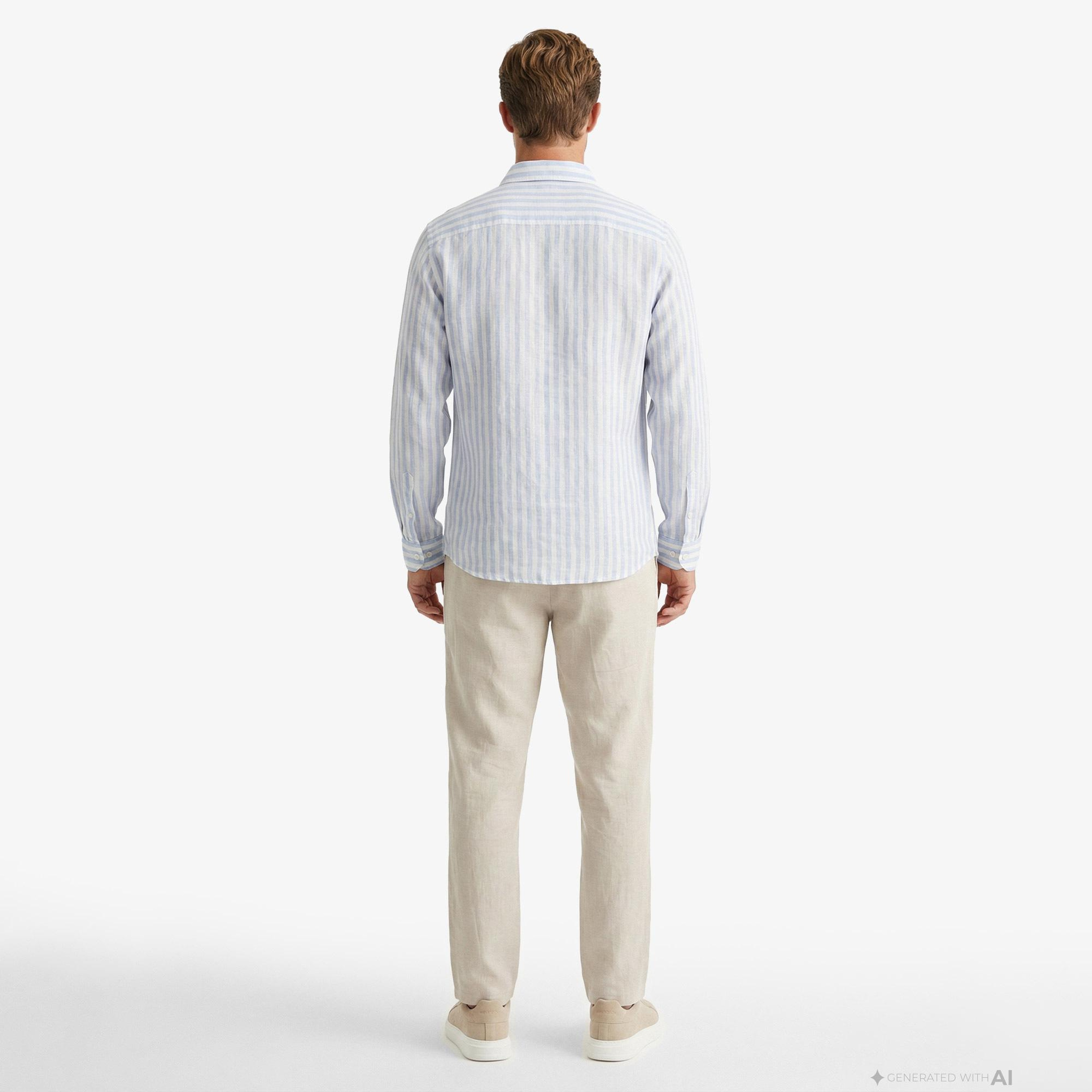 Nautica Erkek Mavi Regular Fit Çizgili Keten Gömlek