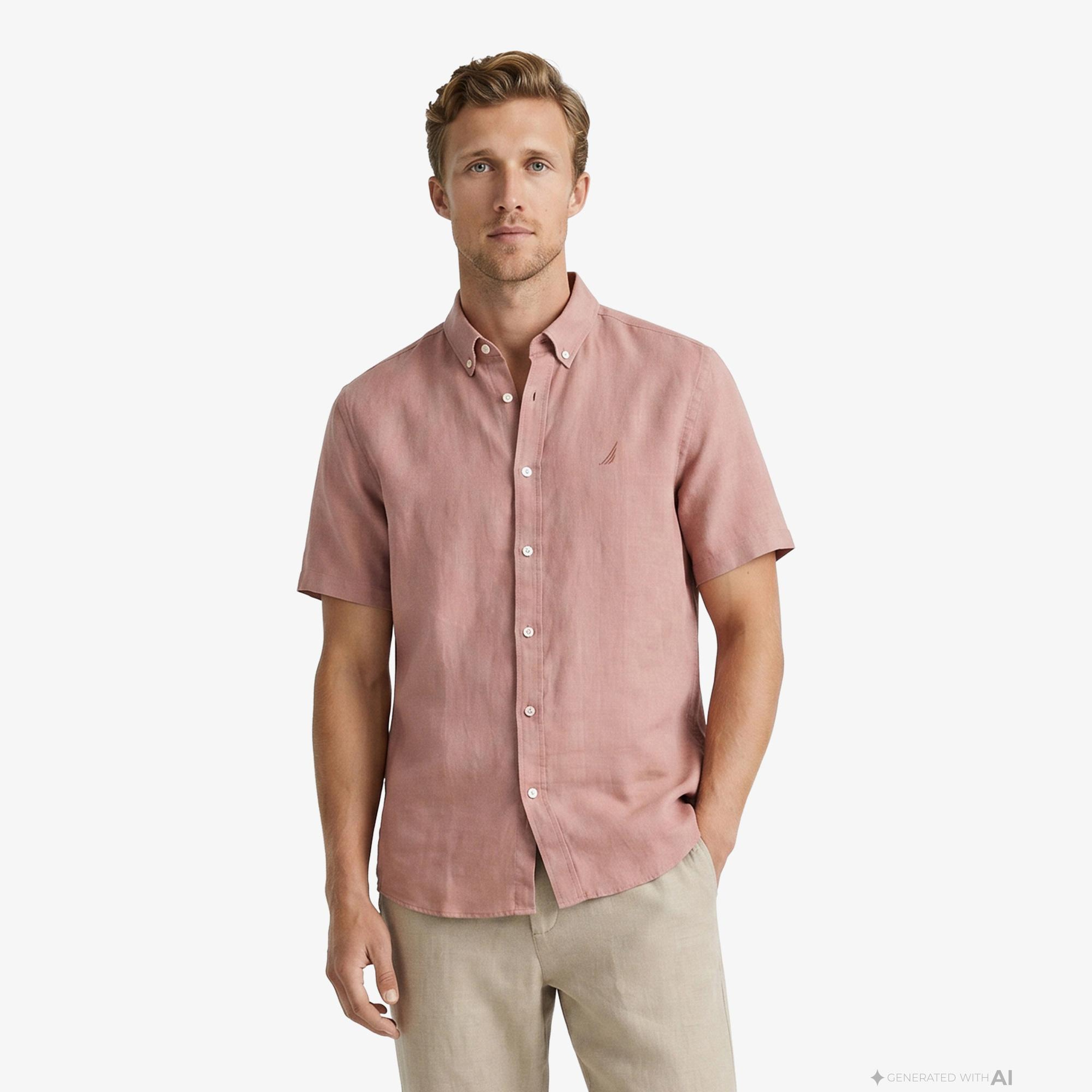 Nautica Erkek Kırmızı Regular Fit Kısa Kollu Keten Gömlek
