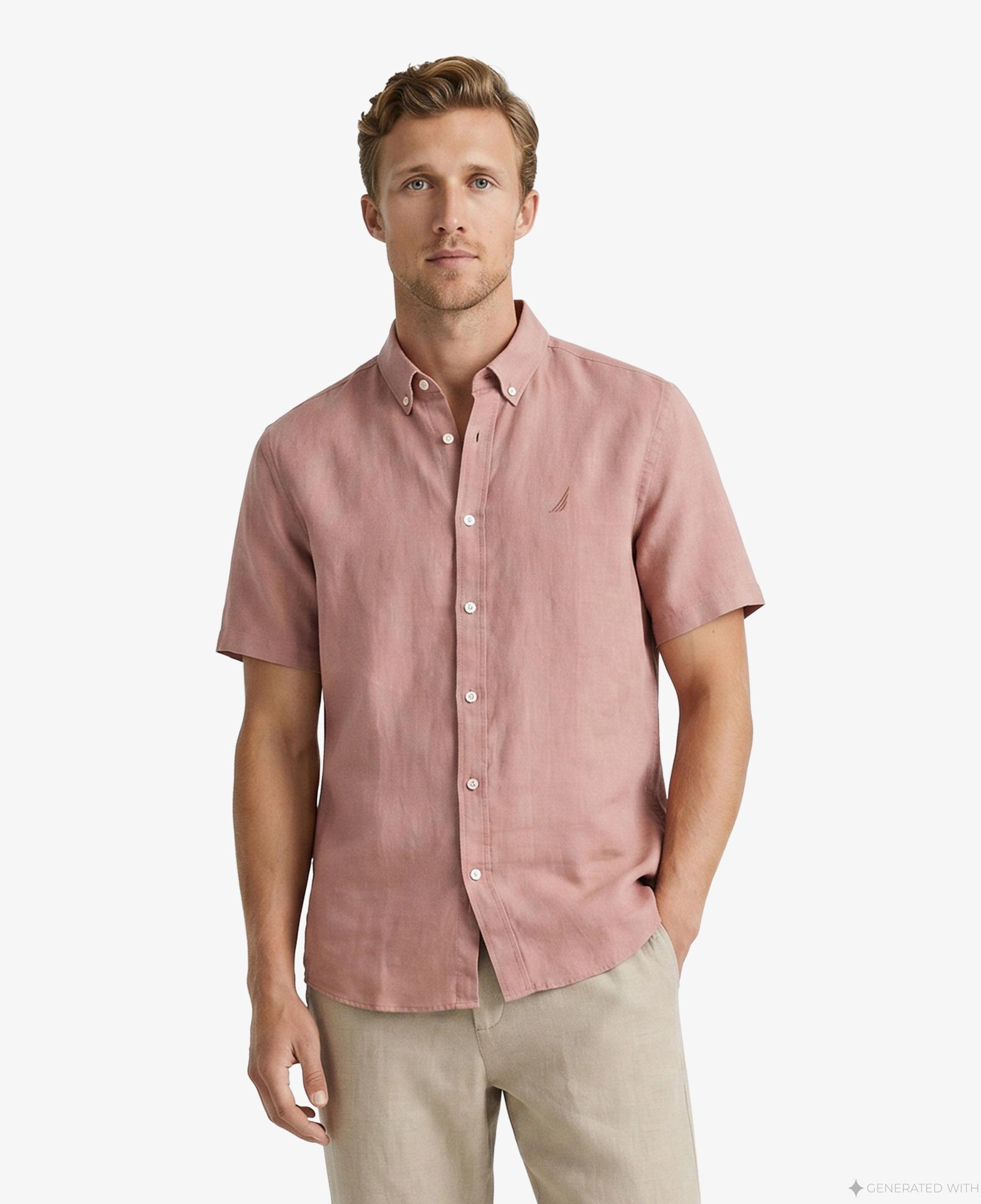 Nautica Erkek Kırmızı Regular Fit Kısa Kollu Keten Gömlek