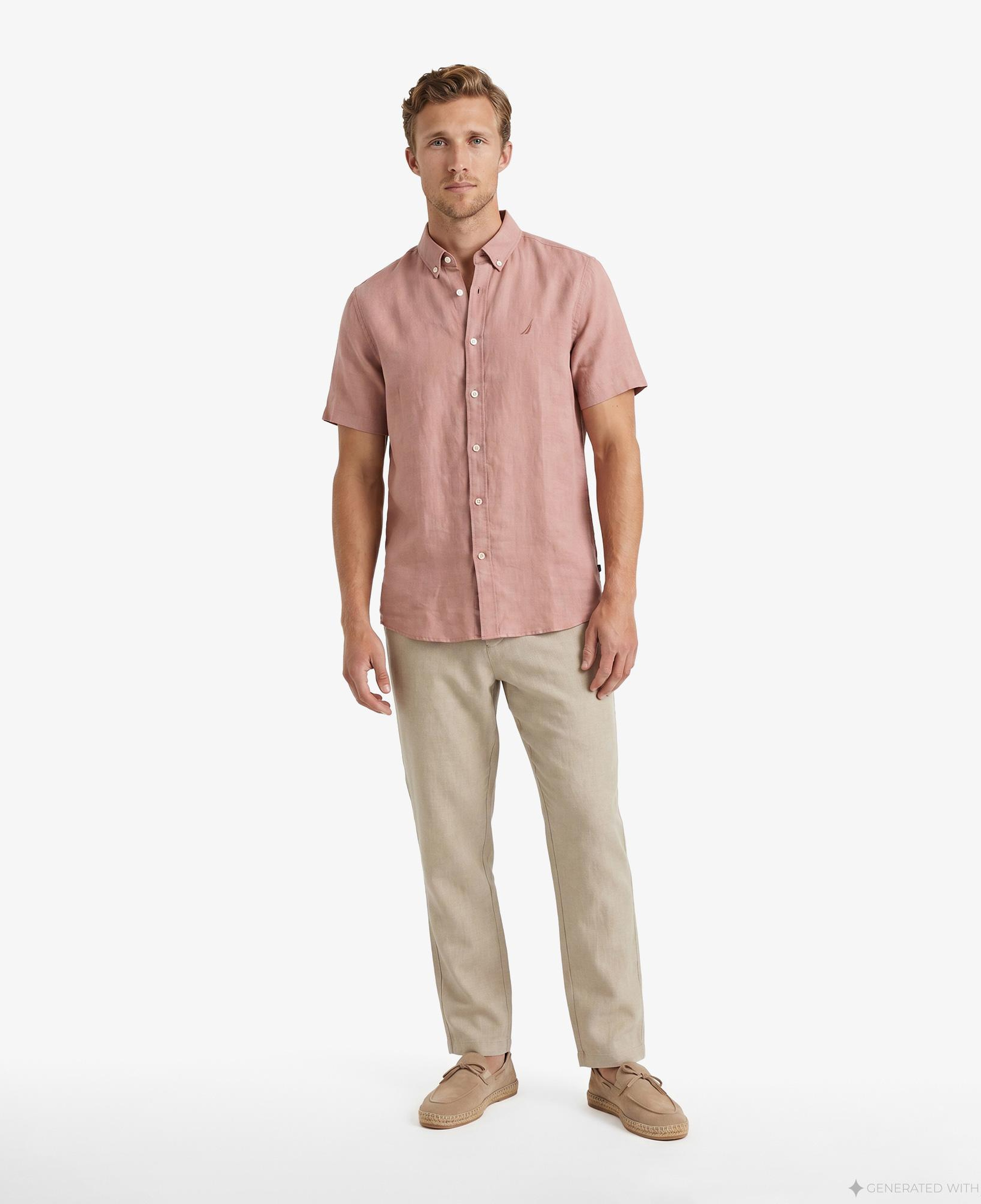 Nautica Erkek Kırmızı Regular Fit Kısa Kollu Keten Gömlek