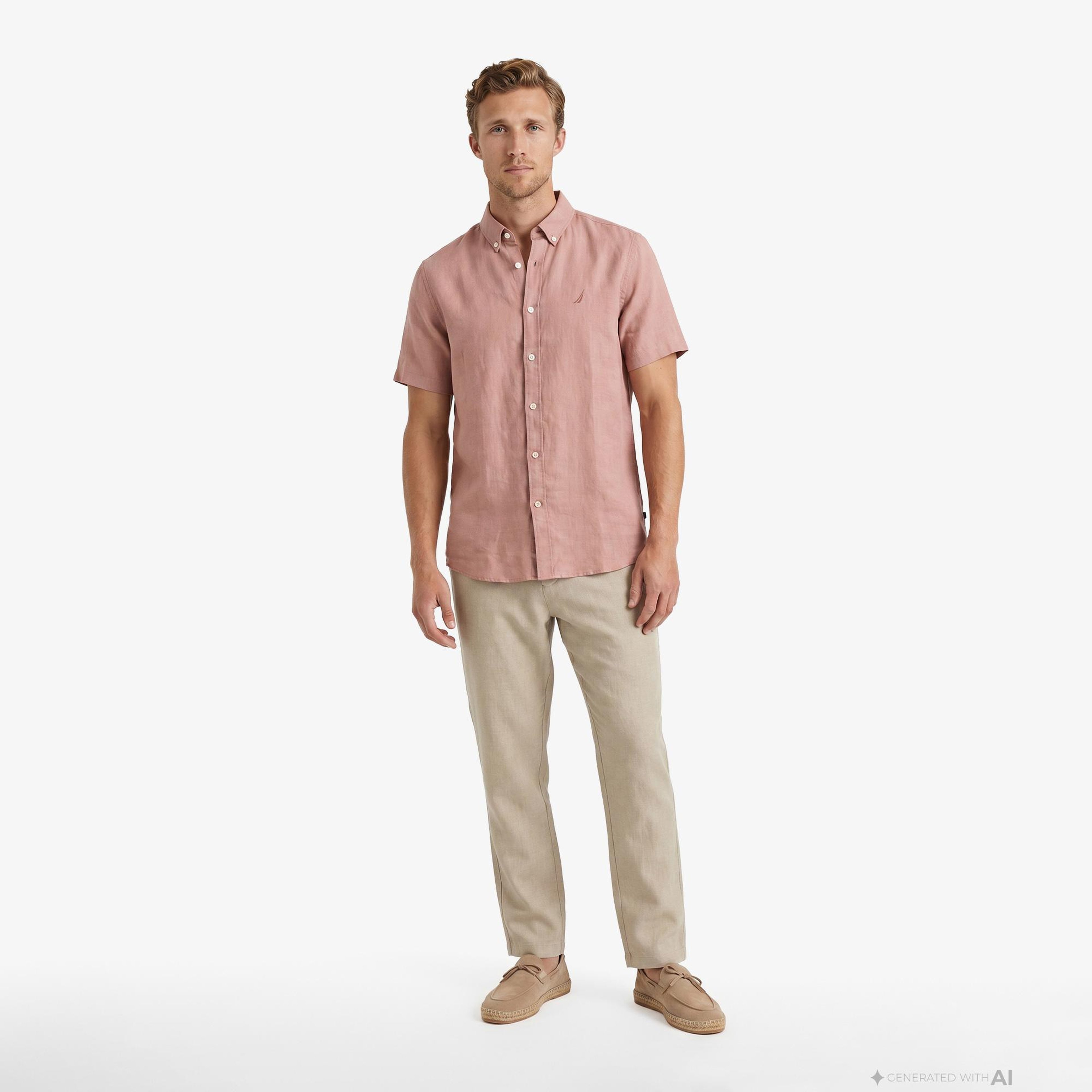 Nautica Erkek Kırmızı Regular Fit Kısa Kollu Keten Gömlek