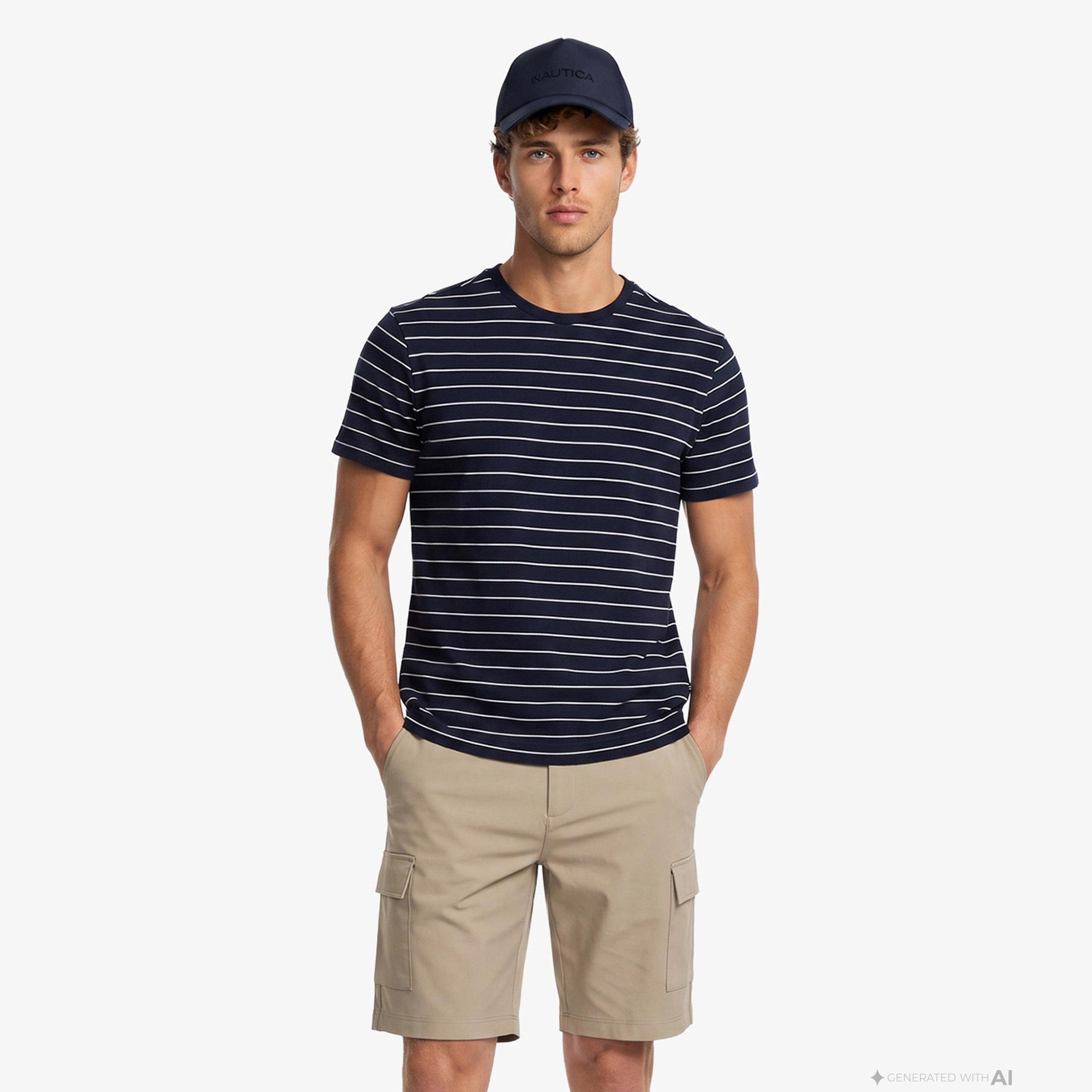 Nautica Erkek Lacivert Regular Fit Çizgili T-Shirt