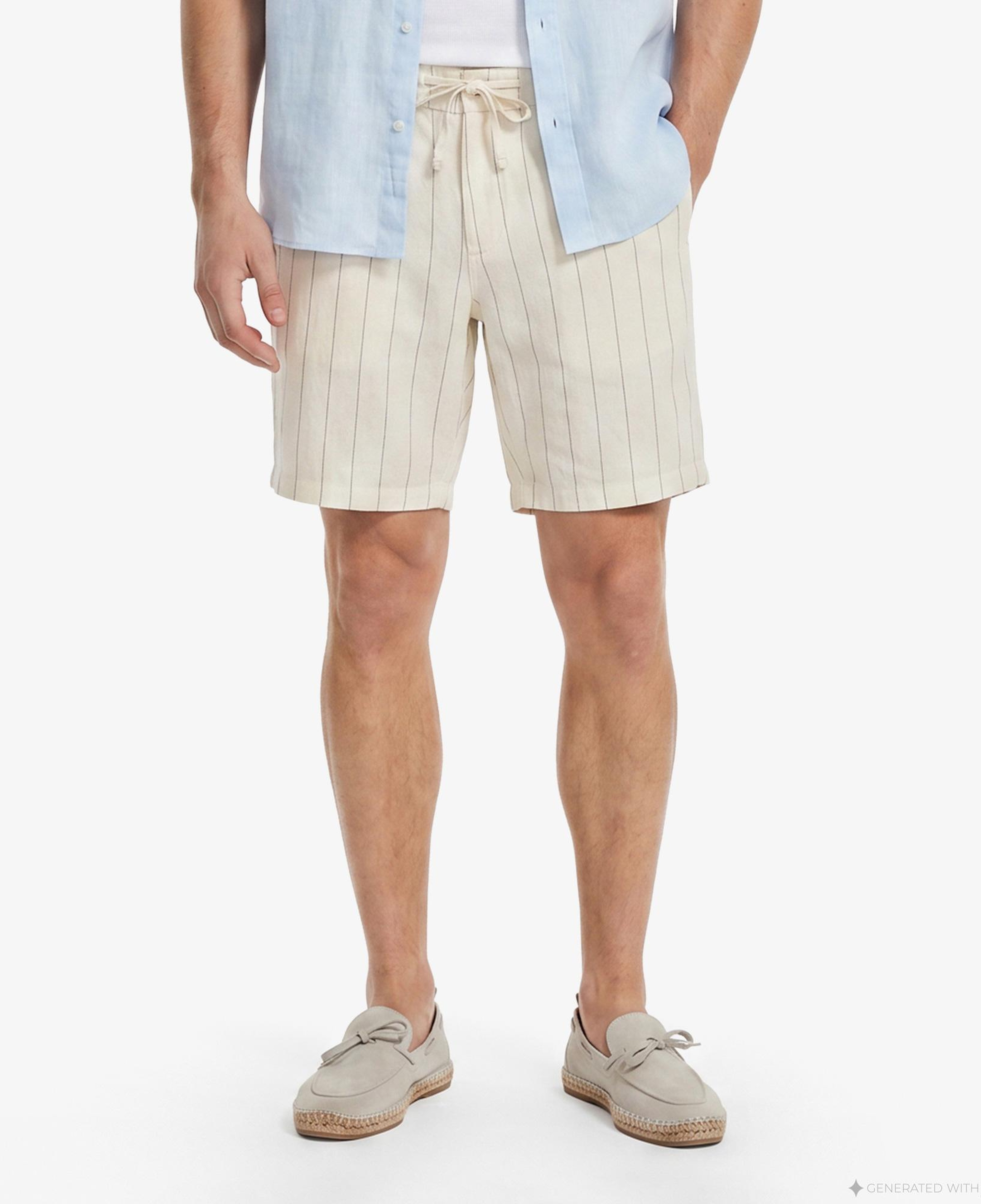 Nautica Erkek Krem Regular Fit Çizgili Keten Şort