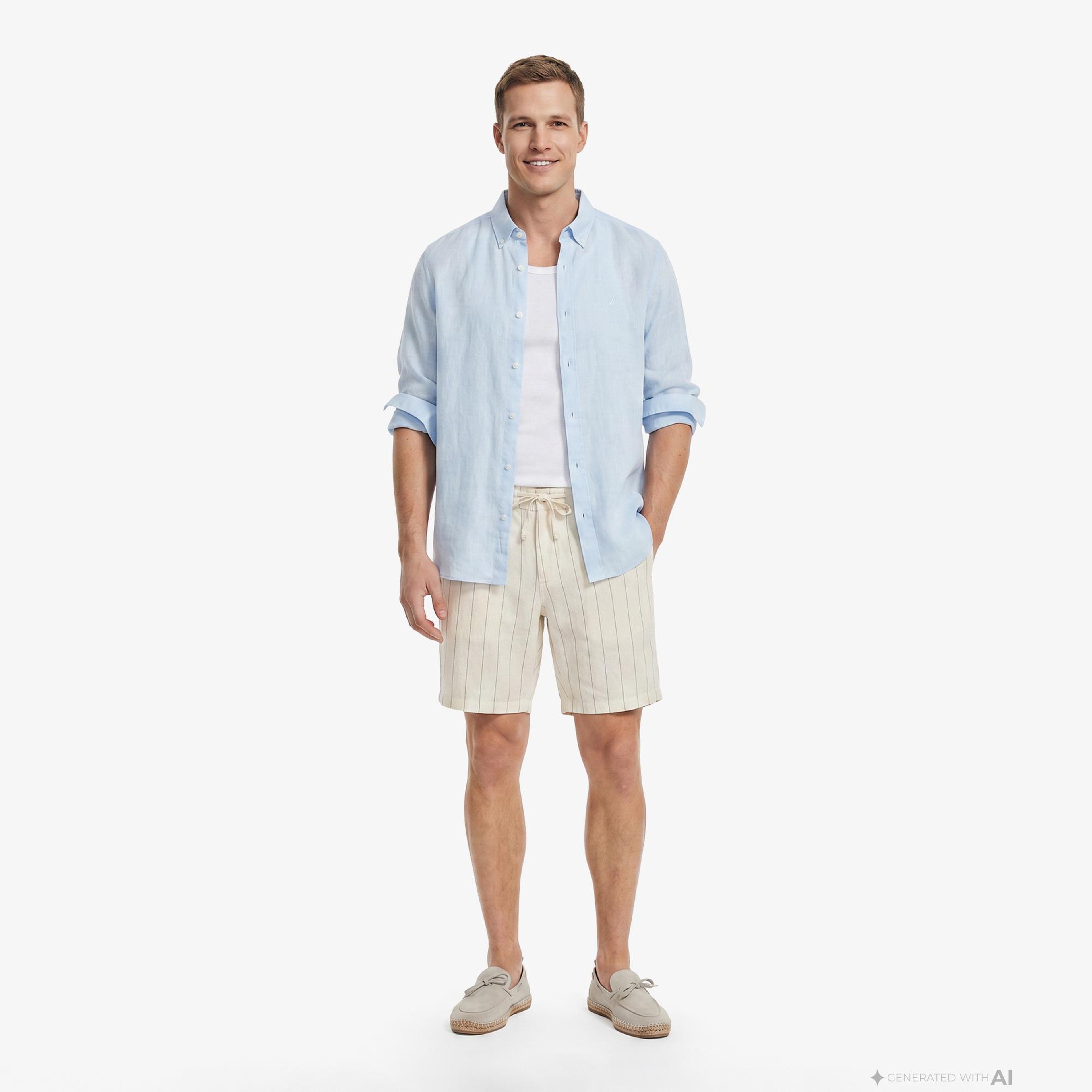 Nautica Erkek Krem Regular Fit Çizgili Keten Şort