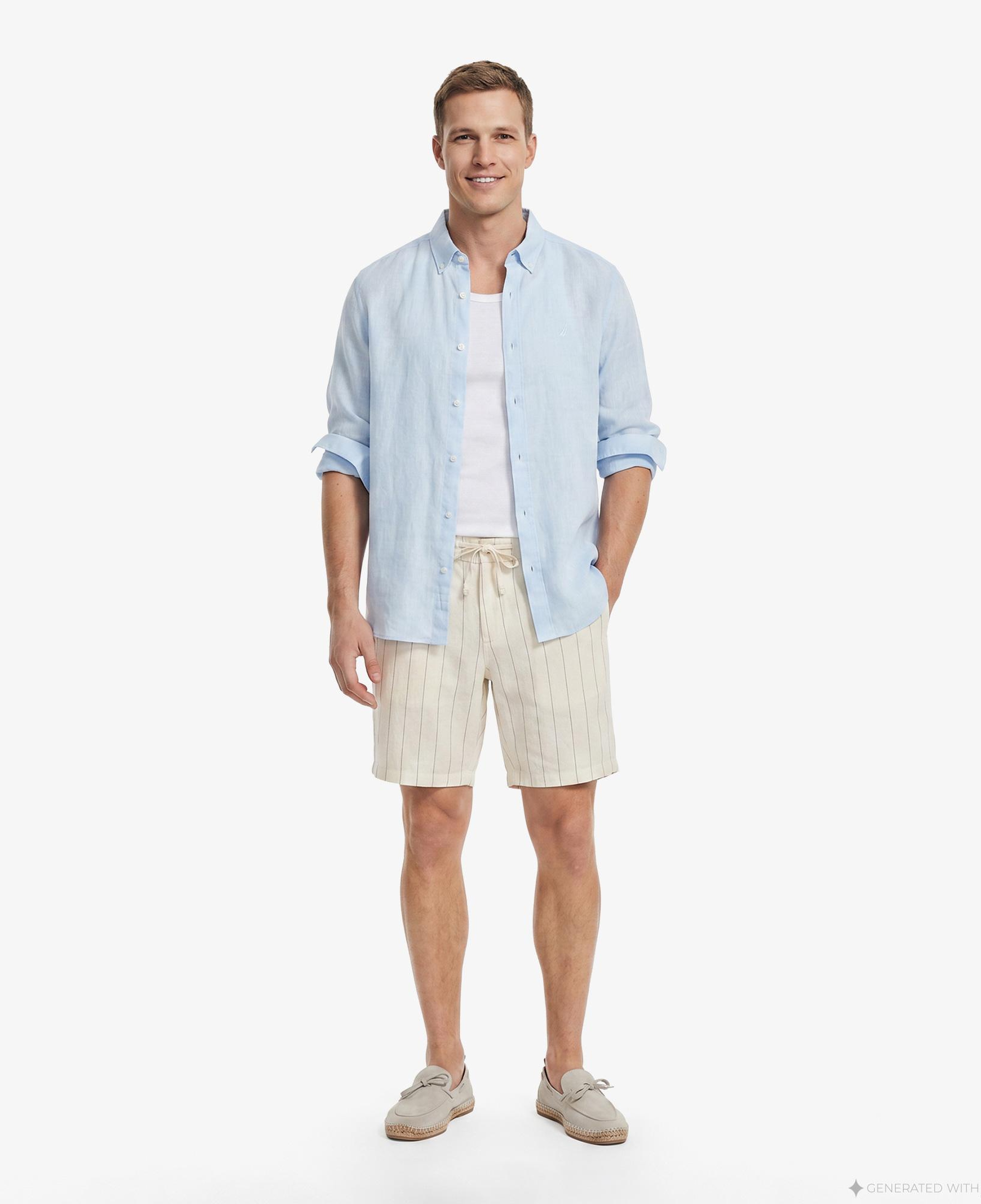 Nautica Erkek Krem Regular Fit Çizgili Keten Şort