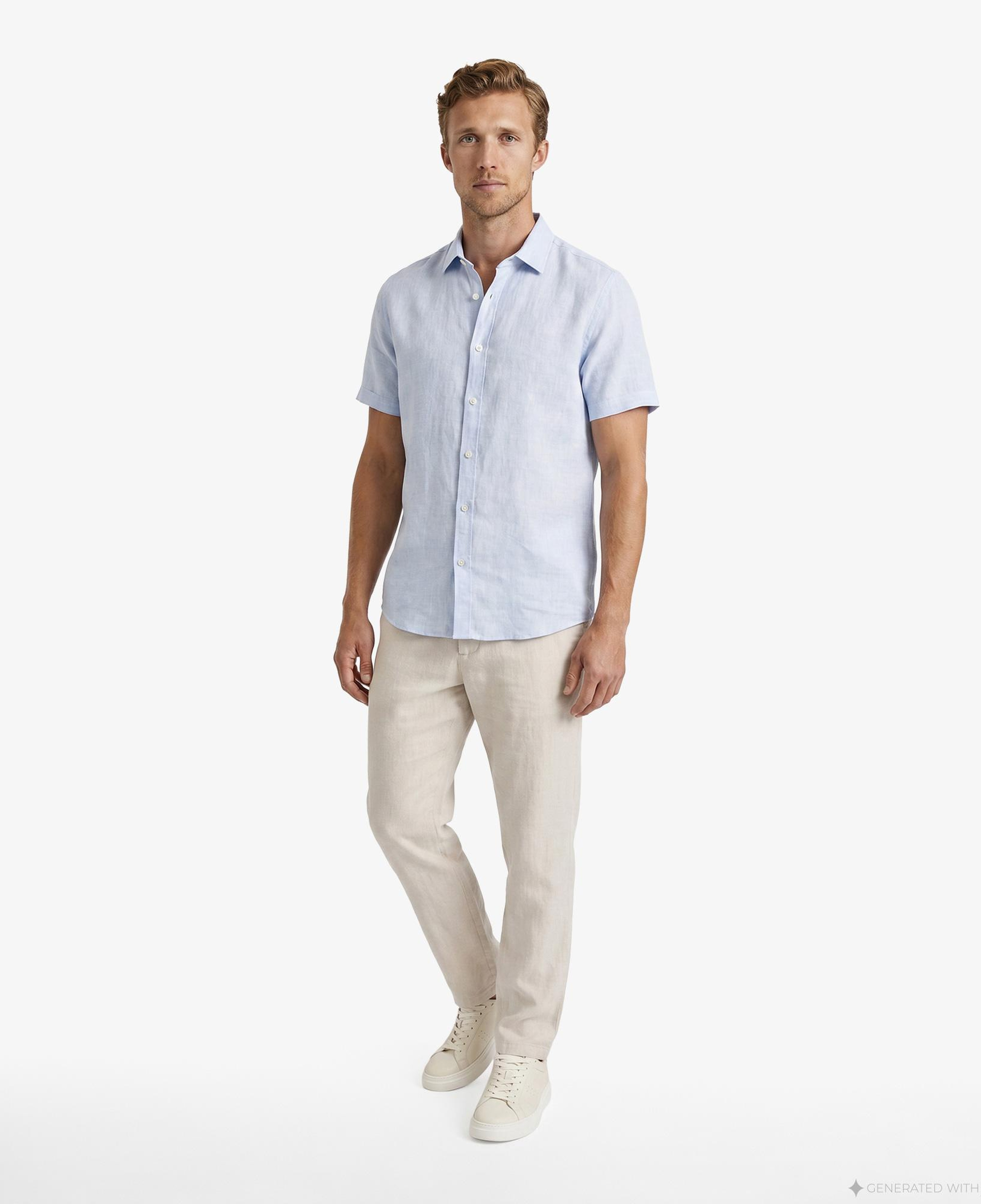 Nautica Erkek Mavi Regular Fit Kısa Kollu Keten Gömlek