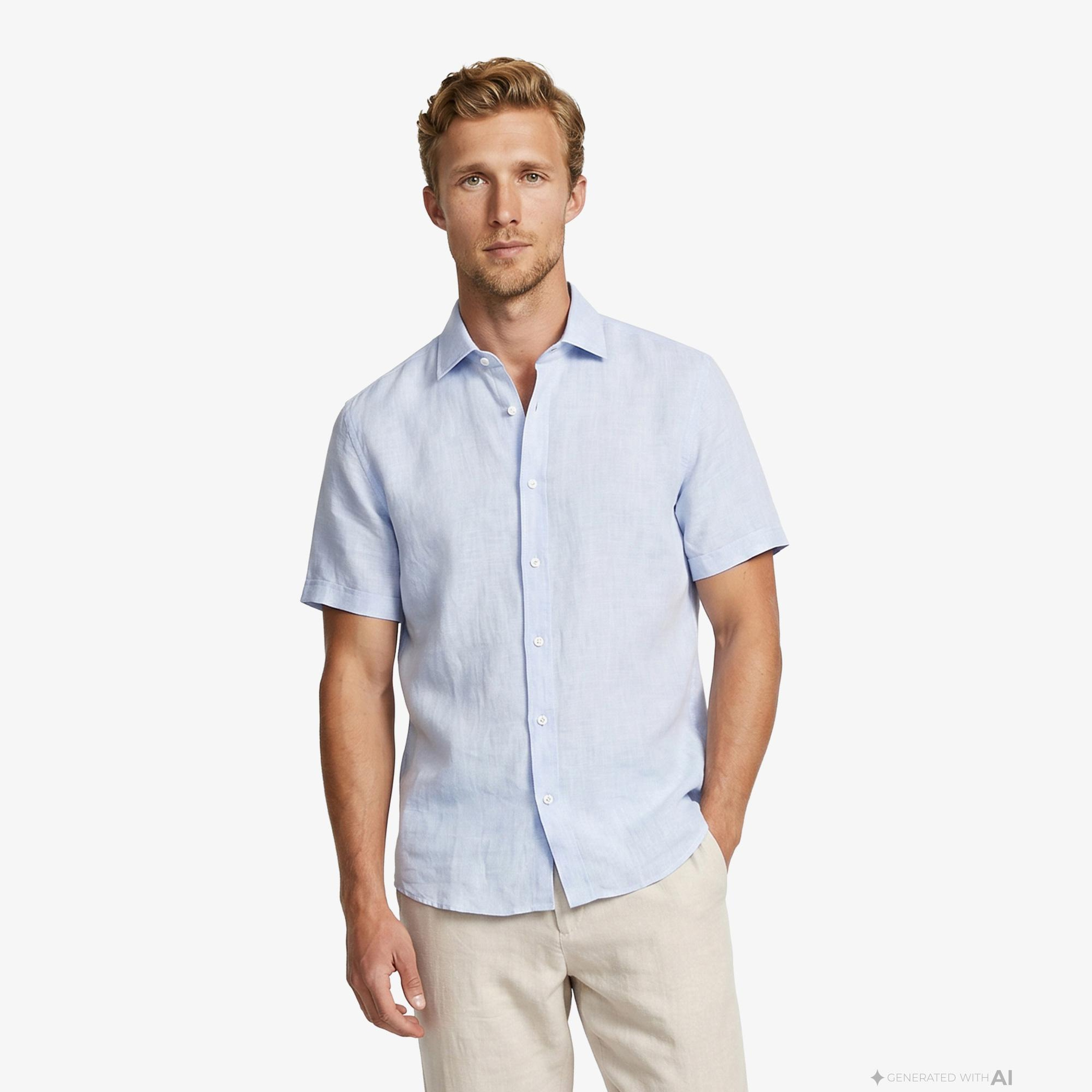 Nautica Erkek Mavi Regular Fit Kısa Kollu Keten Gömlek