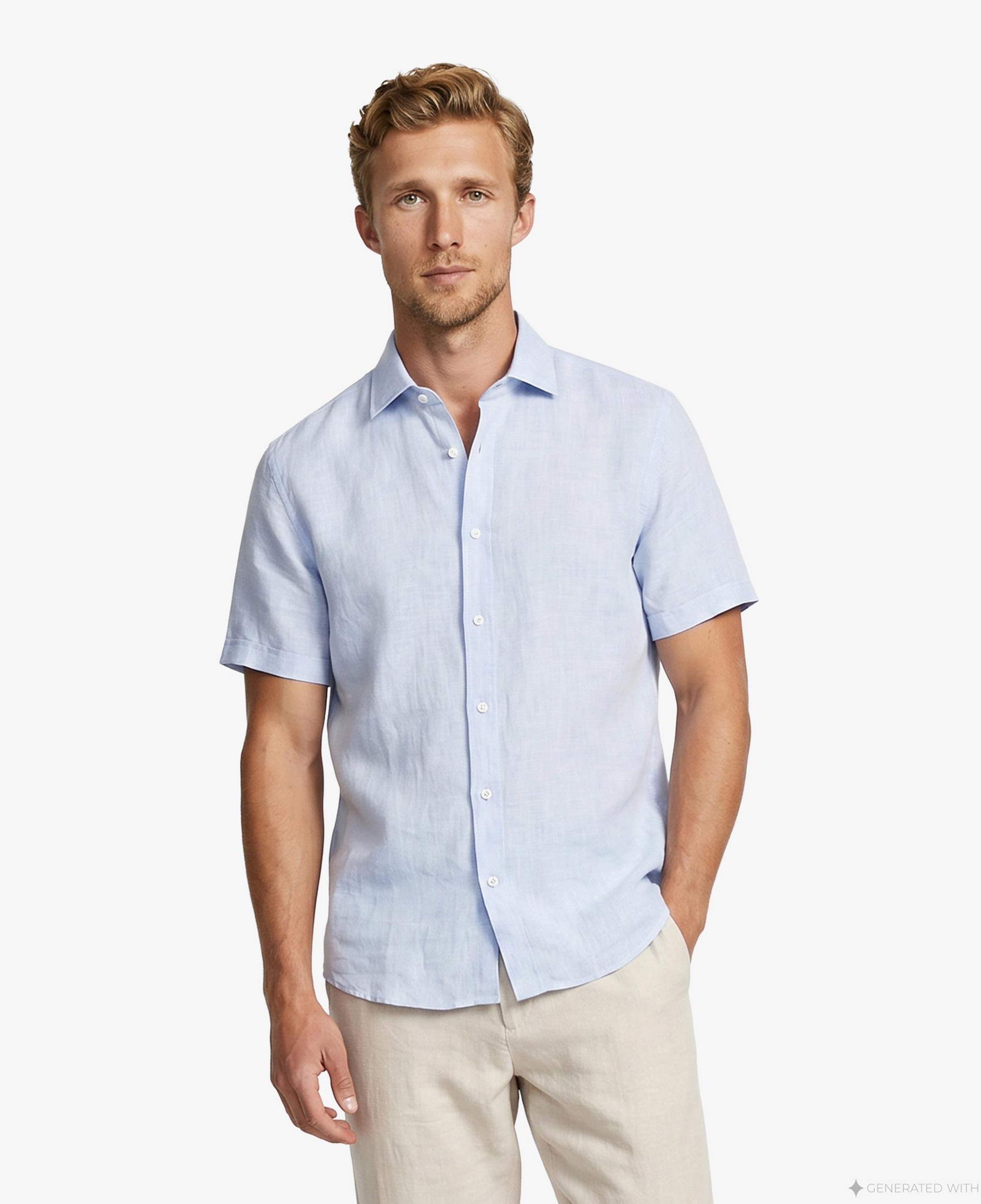 Nautica Erkek Mavi Regular Fit Kısa Kollu Keten Gömlek