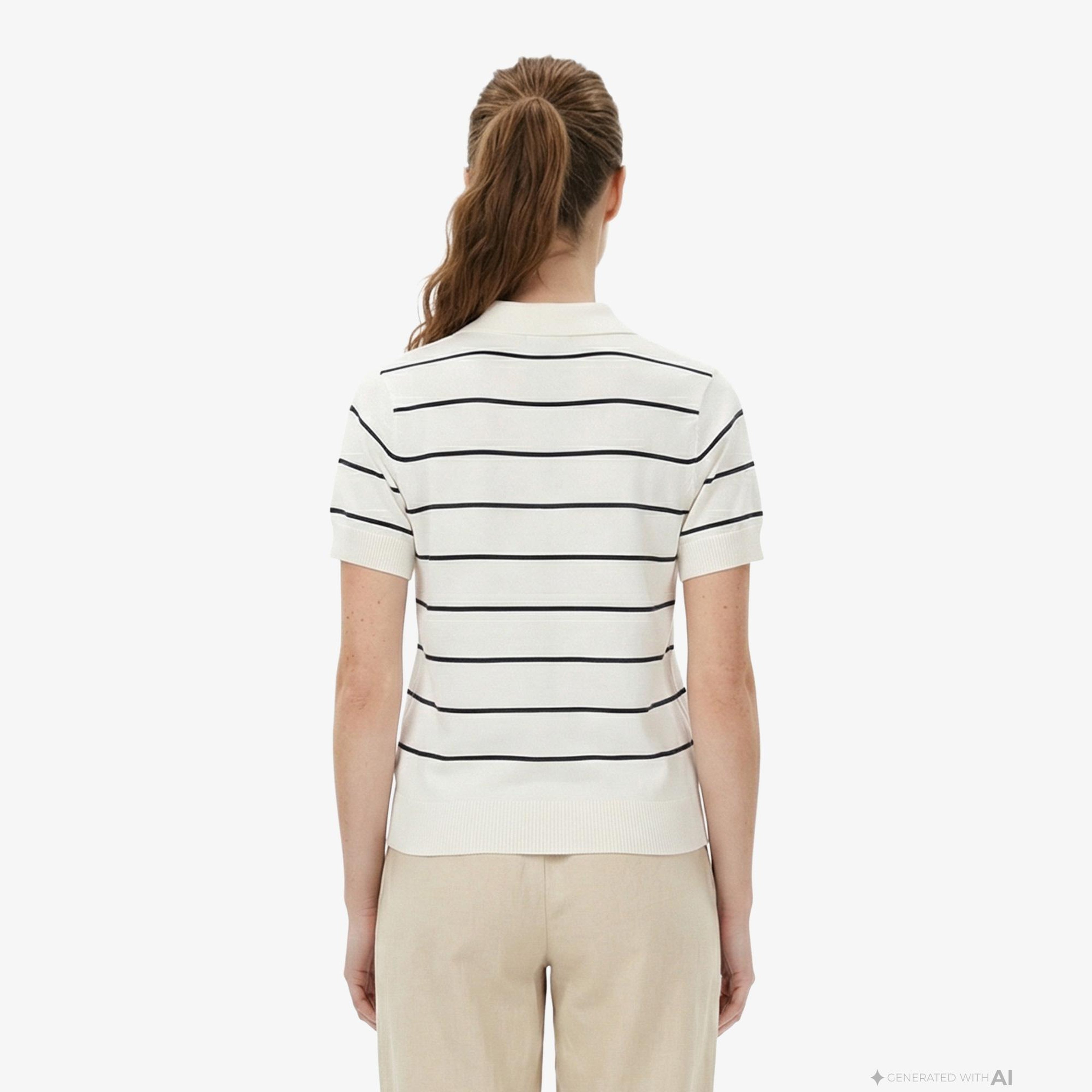 Nautica Kadın Beyaz Regular Fit Çizgili Triko Polo Yaka T-Shirt